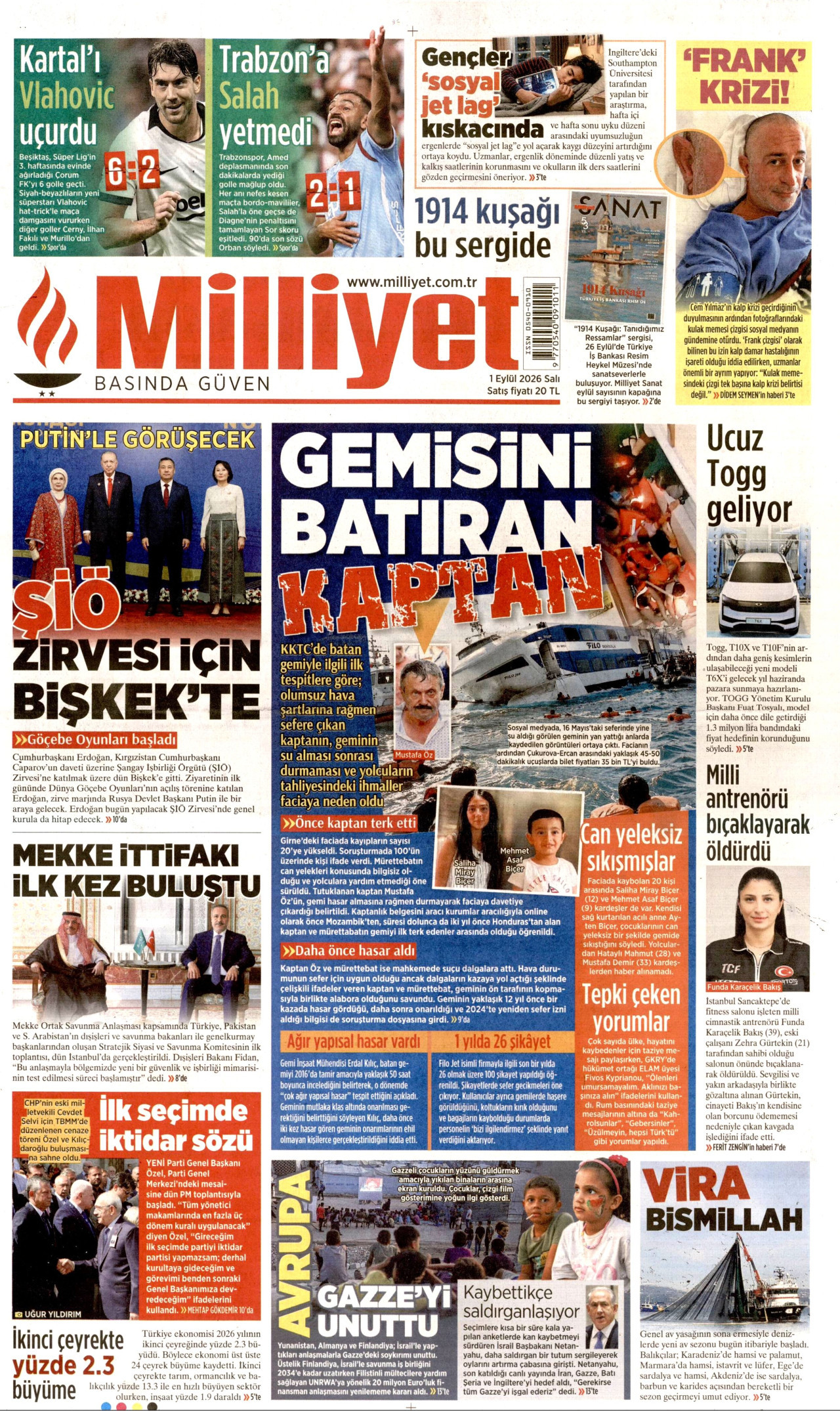 MİLLİYET gazetesinin 1 Eylül 2026 tarihli birinci sayfası