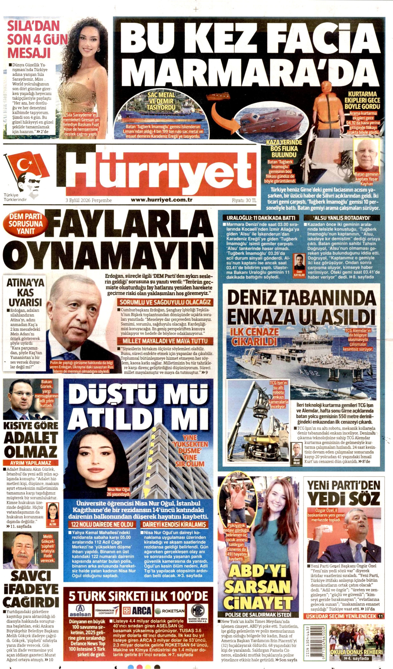 HÜRRİYET gazetesinin 3 Eylül 2026 tarihli birinci sayfası