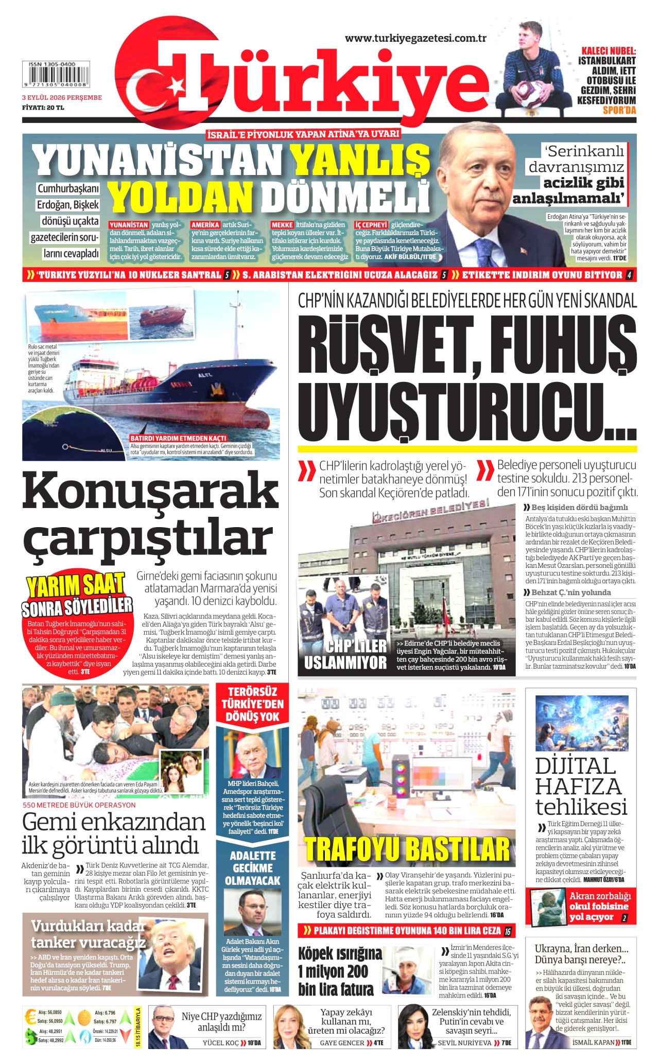 TÜRKİYE GAZETESİ gazetesinin 3 Eylül 2026 tarihli birinci sayfası