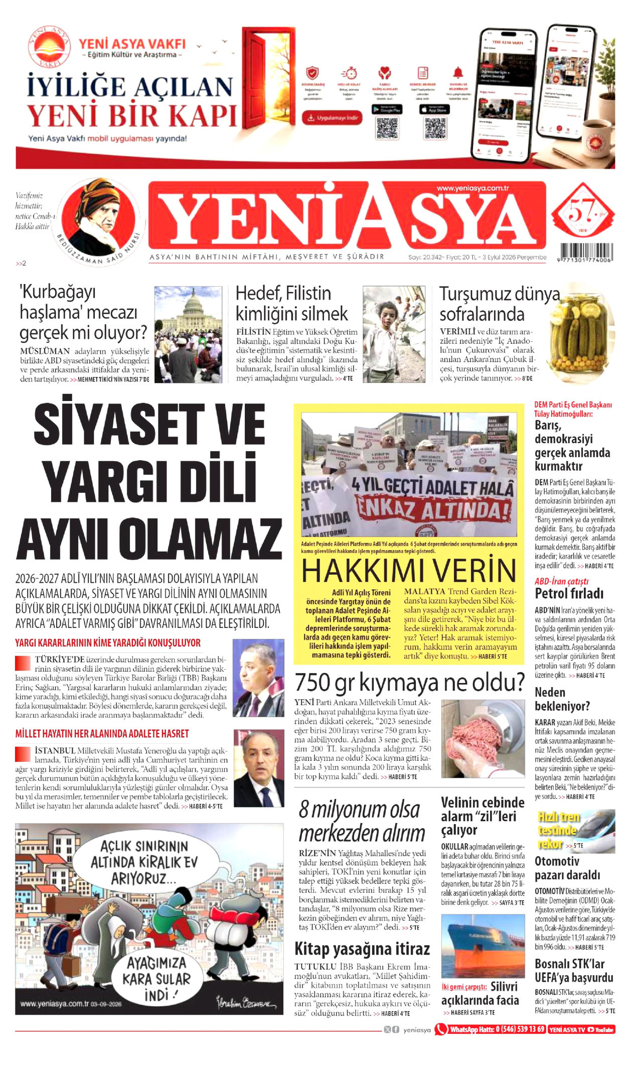 YENİ ASYA gazetesinin 3 Eylül 2026 tarihli birinci sayfası