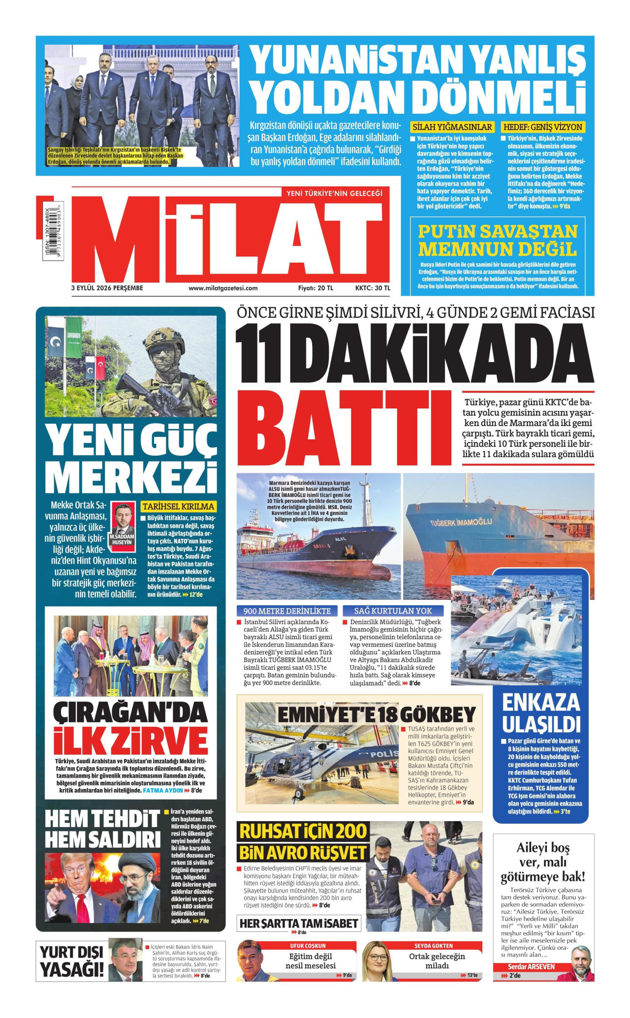 MİLAT gazetesinin 3 Eylül 2026 tarihli birinci sayfası