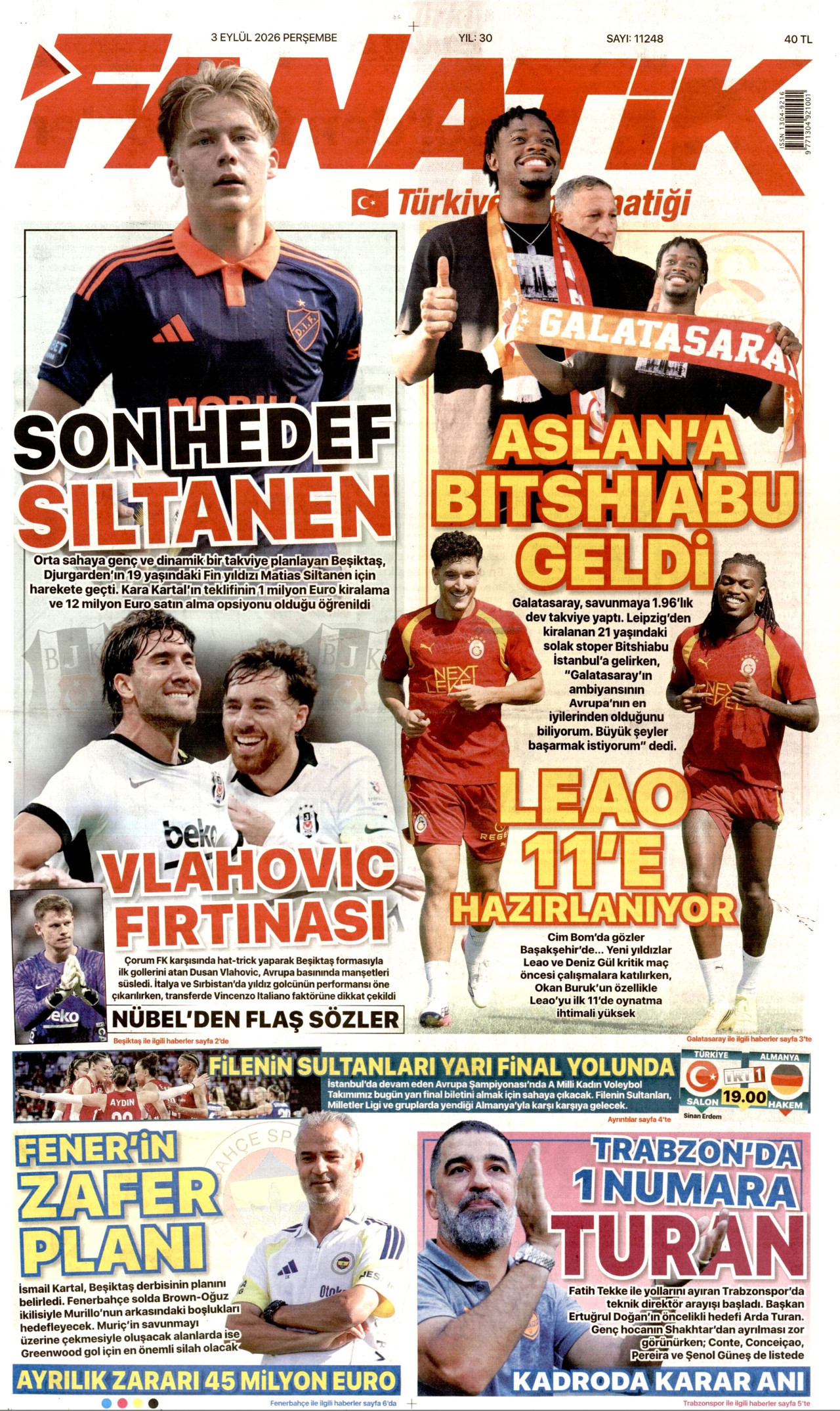 FANATİK gazetesinin 3 Eylül 2026 tarihli birinci sayfası