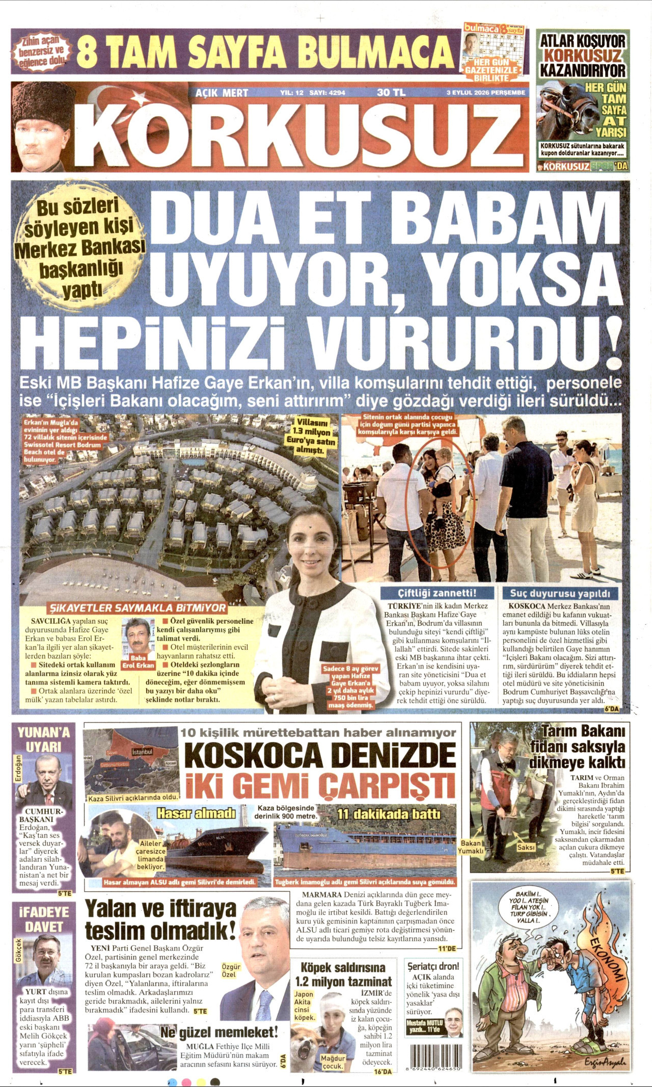 KORKUSUZ gazetesinin 3 Eylül 2026 tarihli birinci sayfası