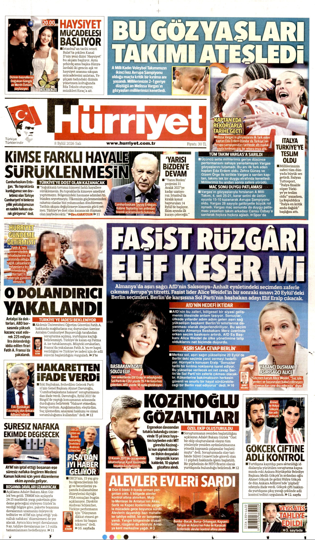 HÜRRİYET 8 Eylül 2026 Gazete Manşeti Büyük