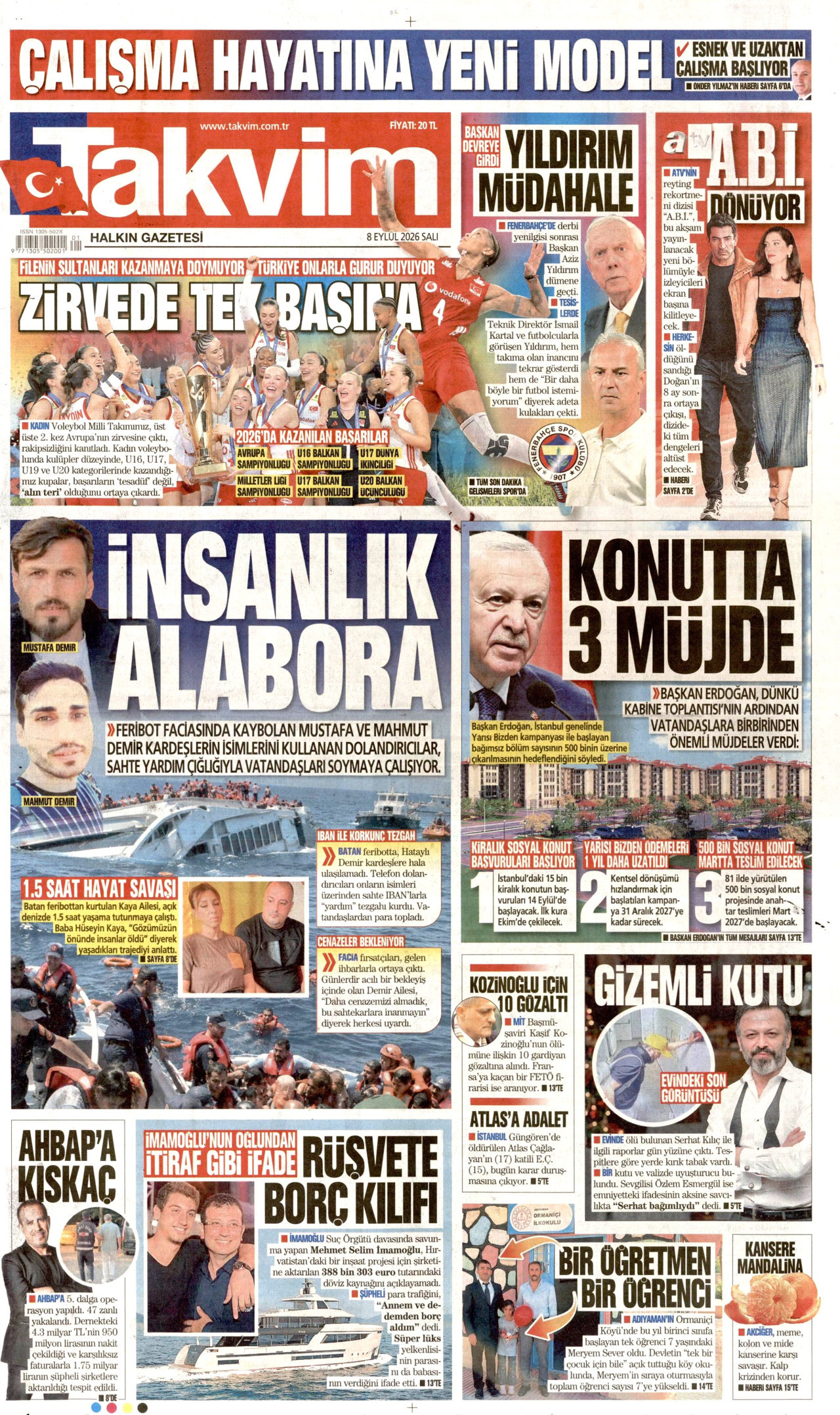 TAKVİM 8 Eylül 2026 Gazete Manşeti Büyük