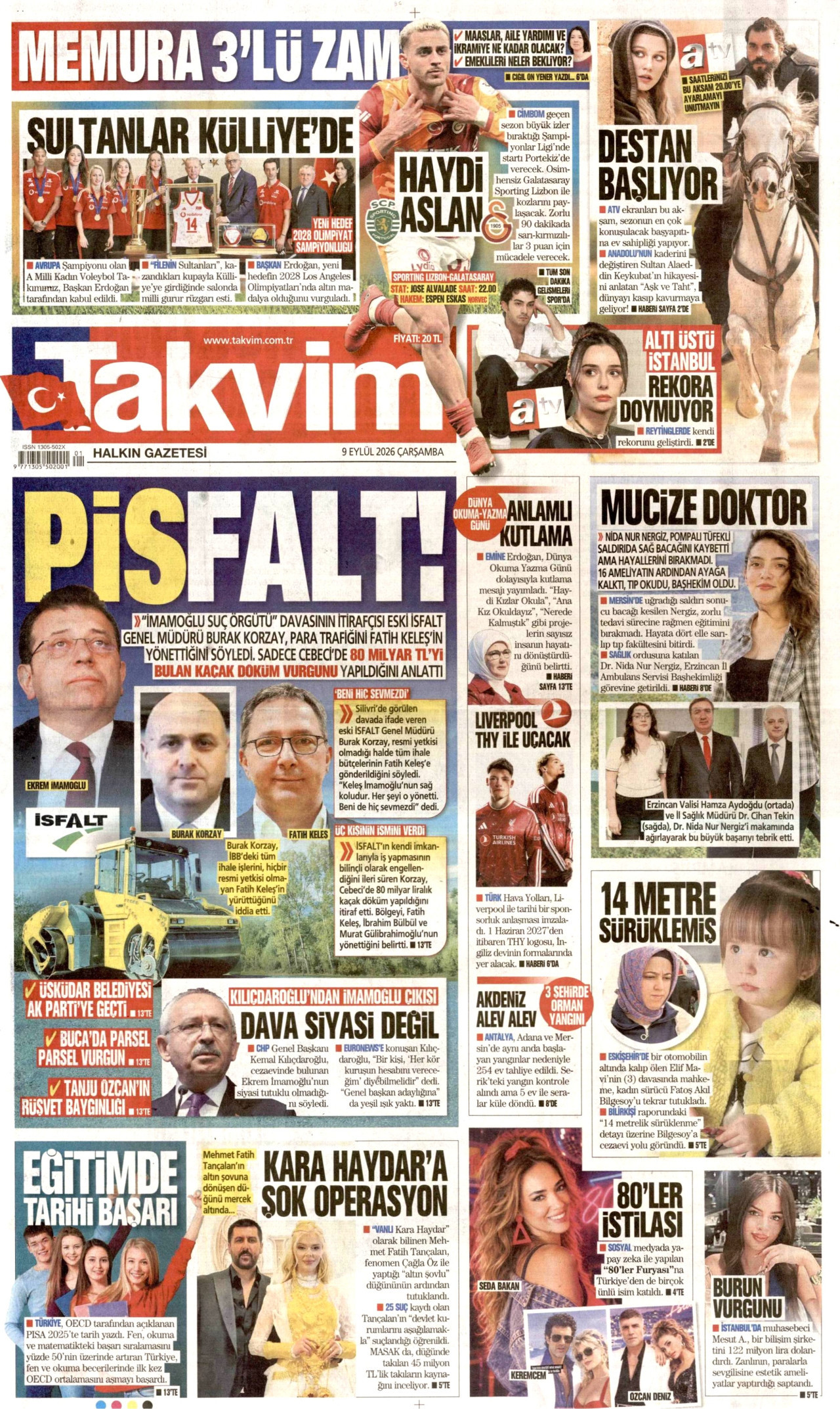 TAKVİM 9 Eylül 2026 Gazete Manşeti Büyük