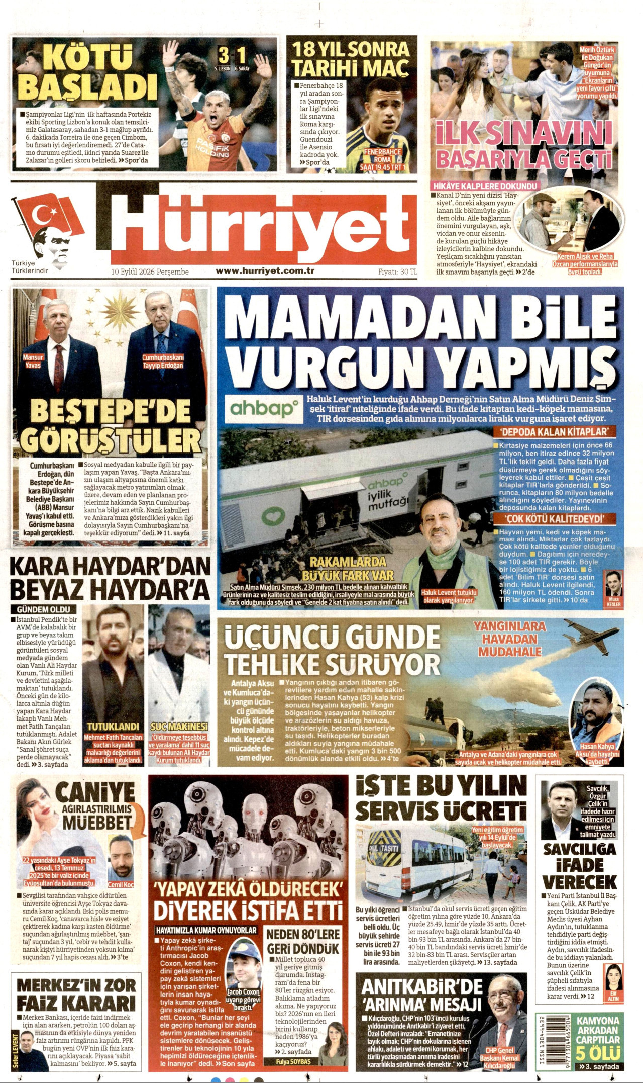 HÜRRİYET 10 Eylül 2026 Gazete Manşeti Büyük