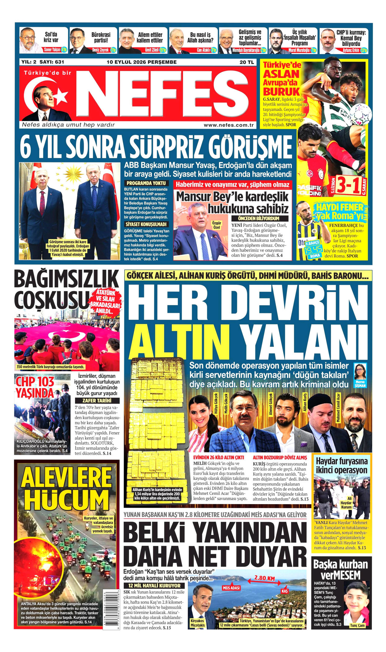 NEFES 10 Eylül 2026 Gazete Manşeti Büyük