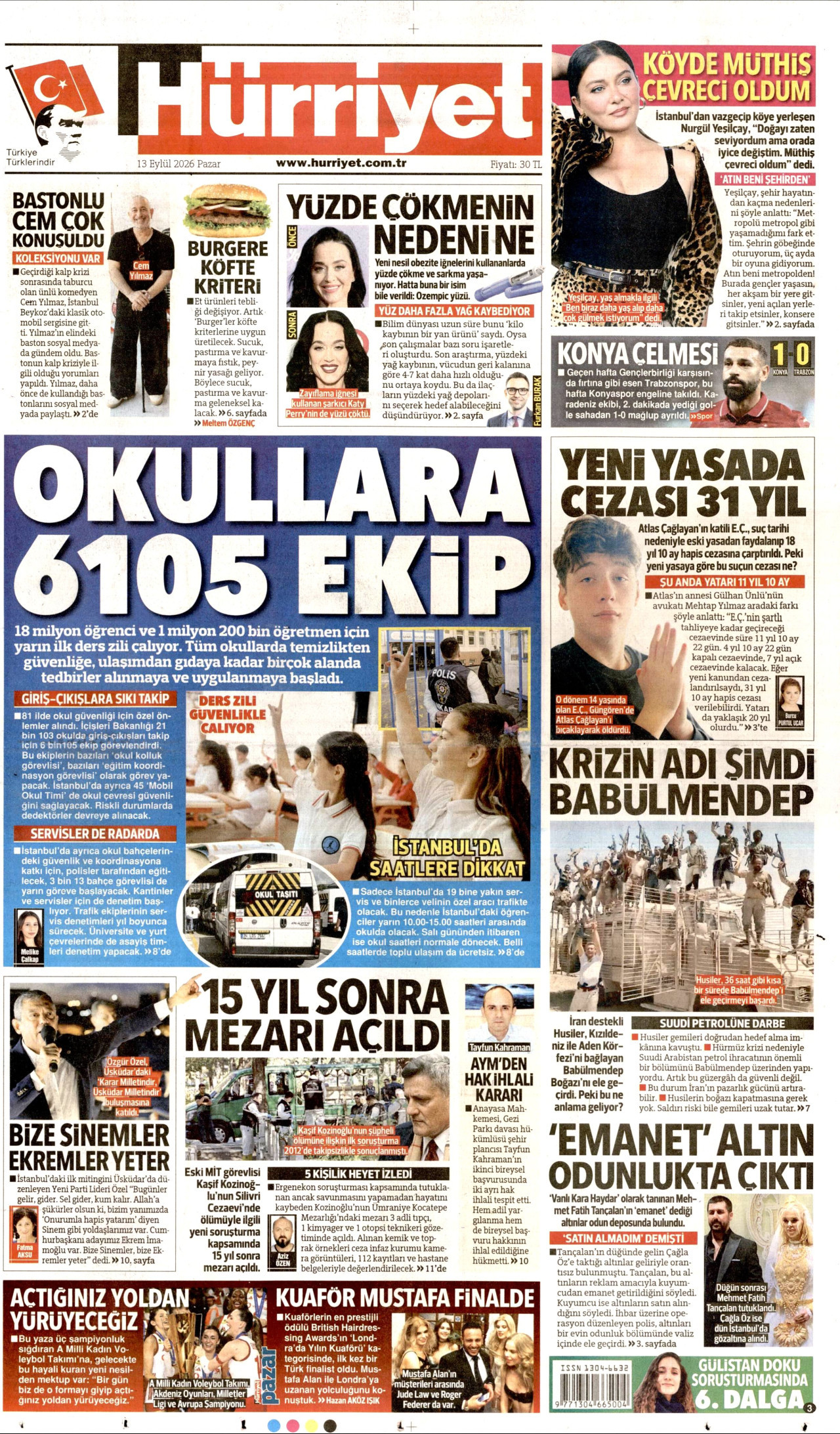 HÜRRİYET 13 Eylül 2026 Gazete Manşeti Büyük