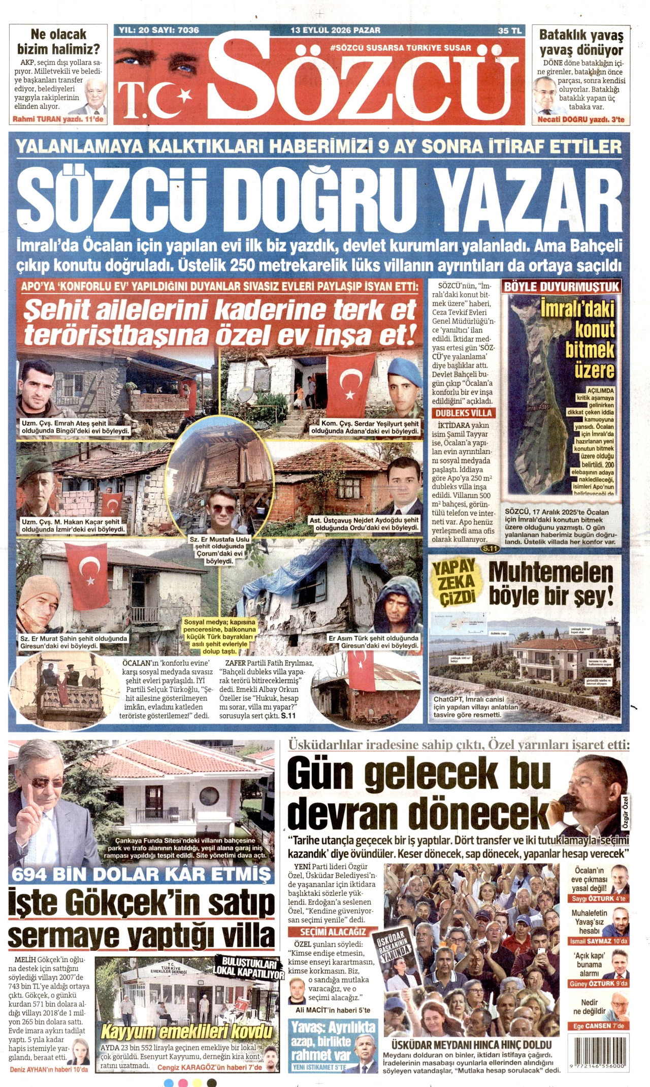 SÖZCÜ 13 Eylül 2026 Gazete Manşeti Büyük
