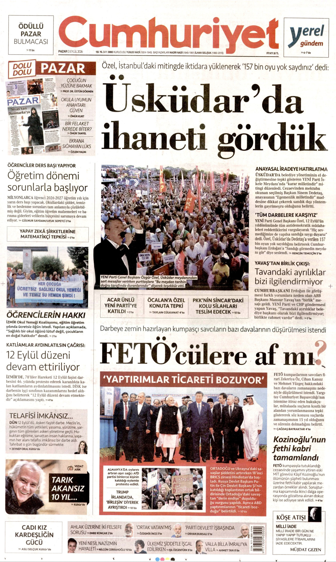 CUMHURİYET 13 Eylül 2026 Gazete Manşeti Büyük