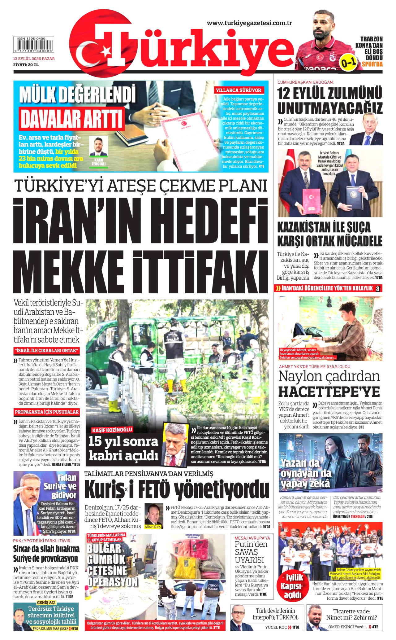 TÜRKİYE GAZETESİ 13 Eylül 2026 Gazete Manşeti Büyük