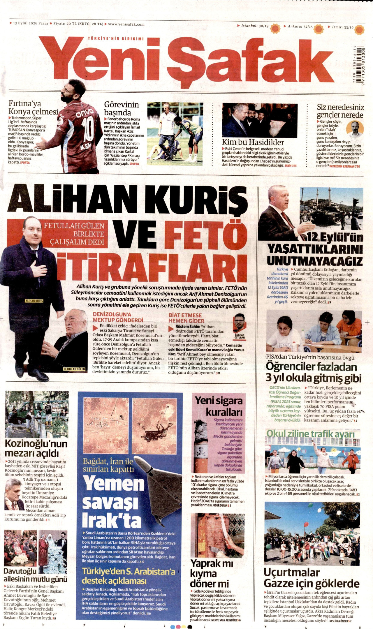 YENİ ŞAFAK 13 Eylül 2026 Gazete Manşeti Büyük