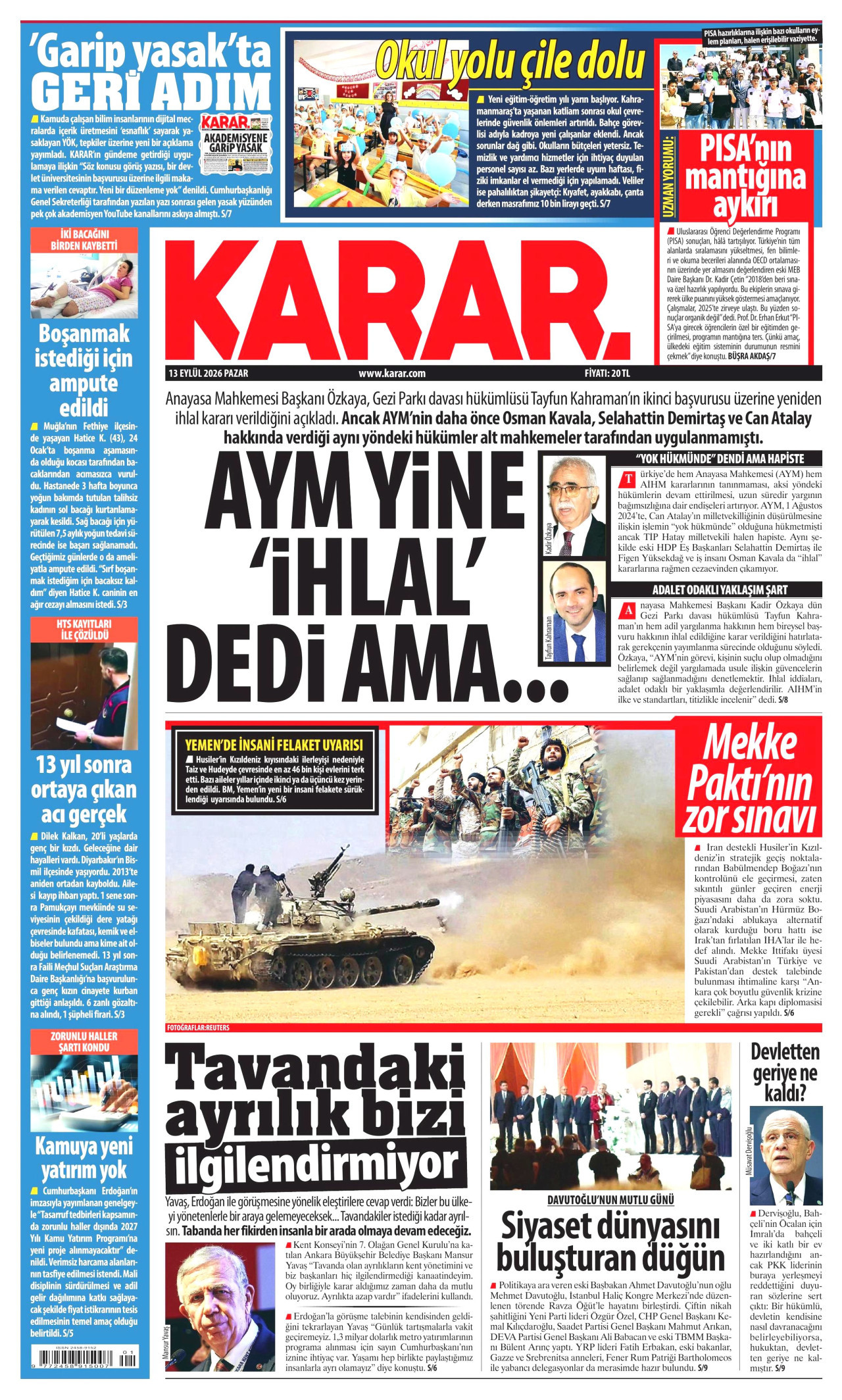 KARAR 13 Eylül 2026 Gazete Manşeti Büyük