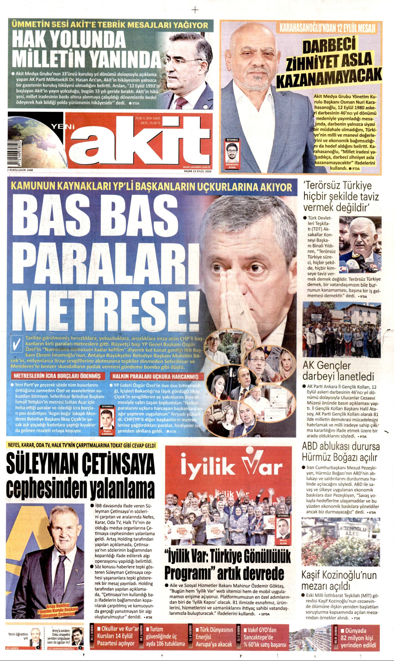 YENİ AKİT 13 Eylül 2026 Gazete Manşeti Büyük
