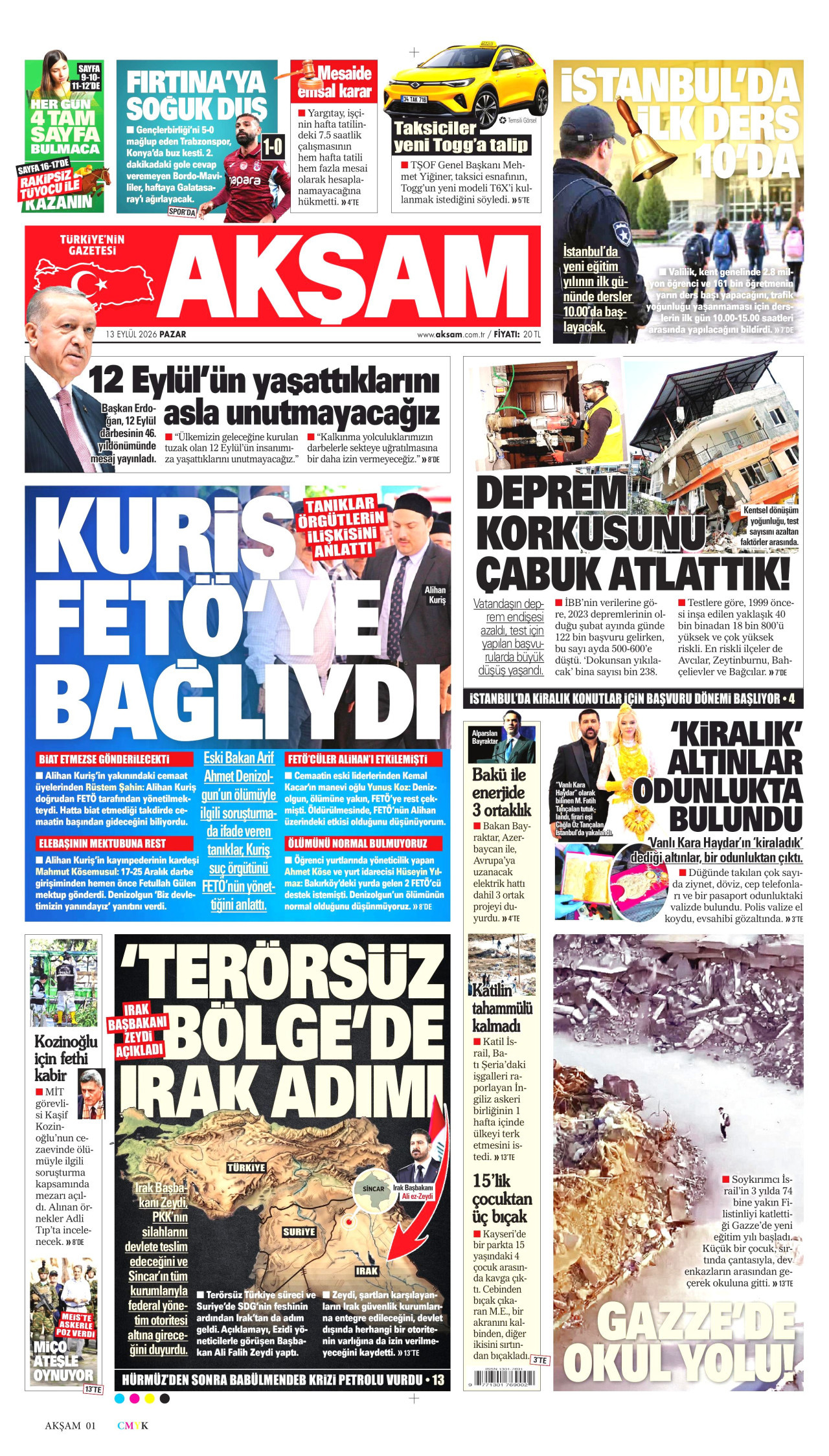 AKŞAM 13 Eylül 2026 Gazete Manşeti Büyük
