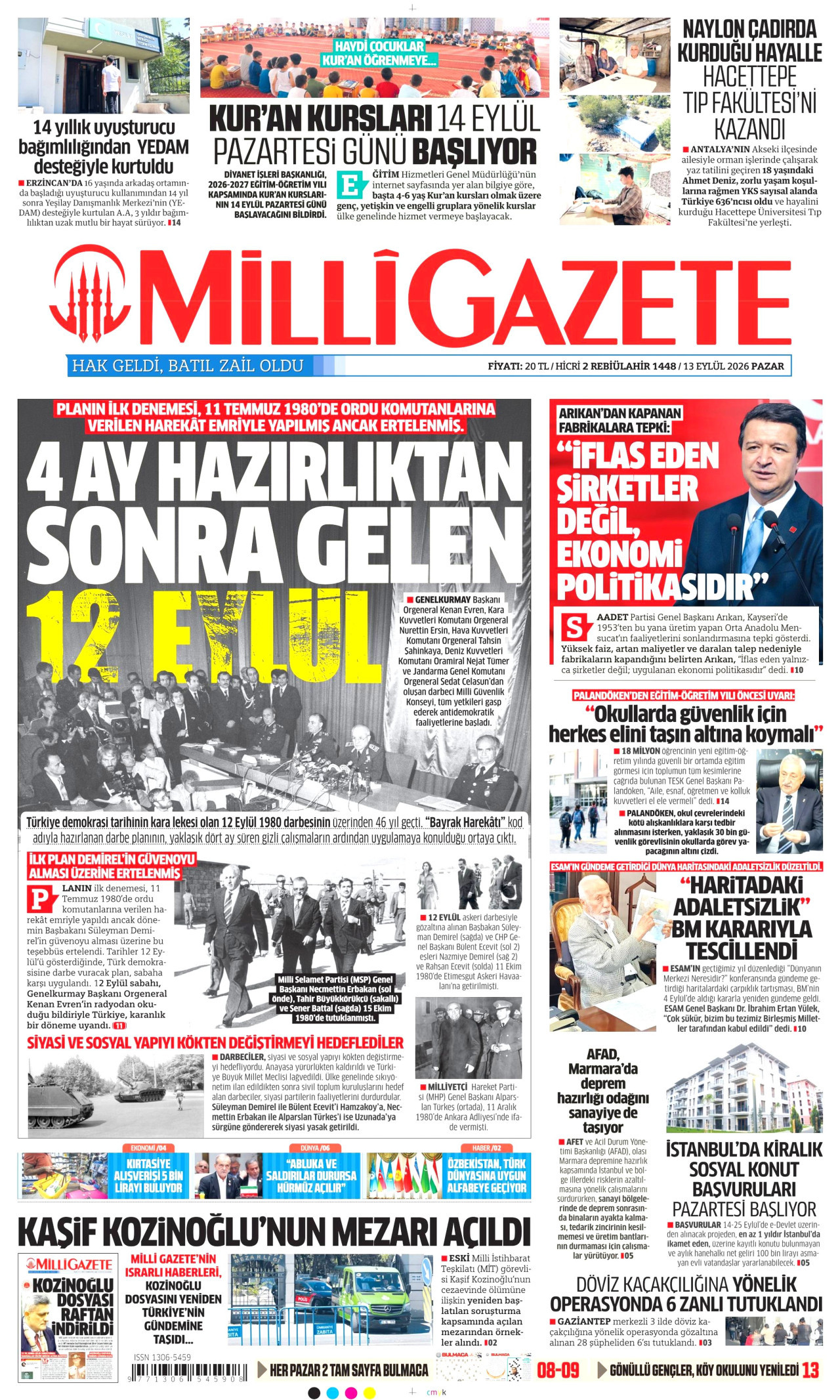 MİLLİ GAZETE 13 Eylül 2026 Gazete Manşeti Büyük
