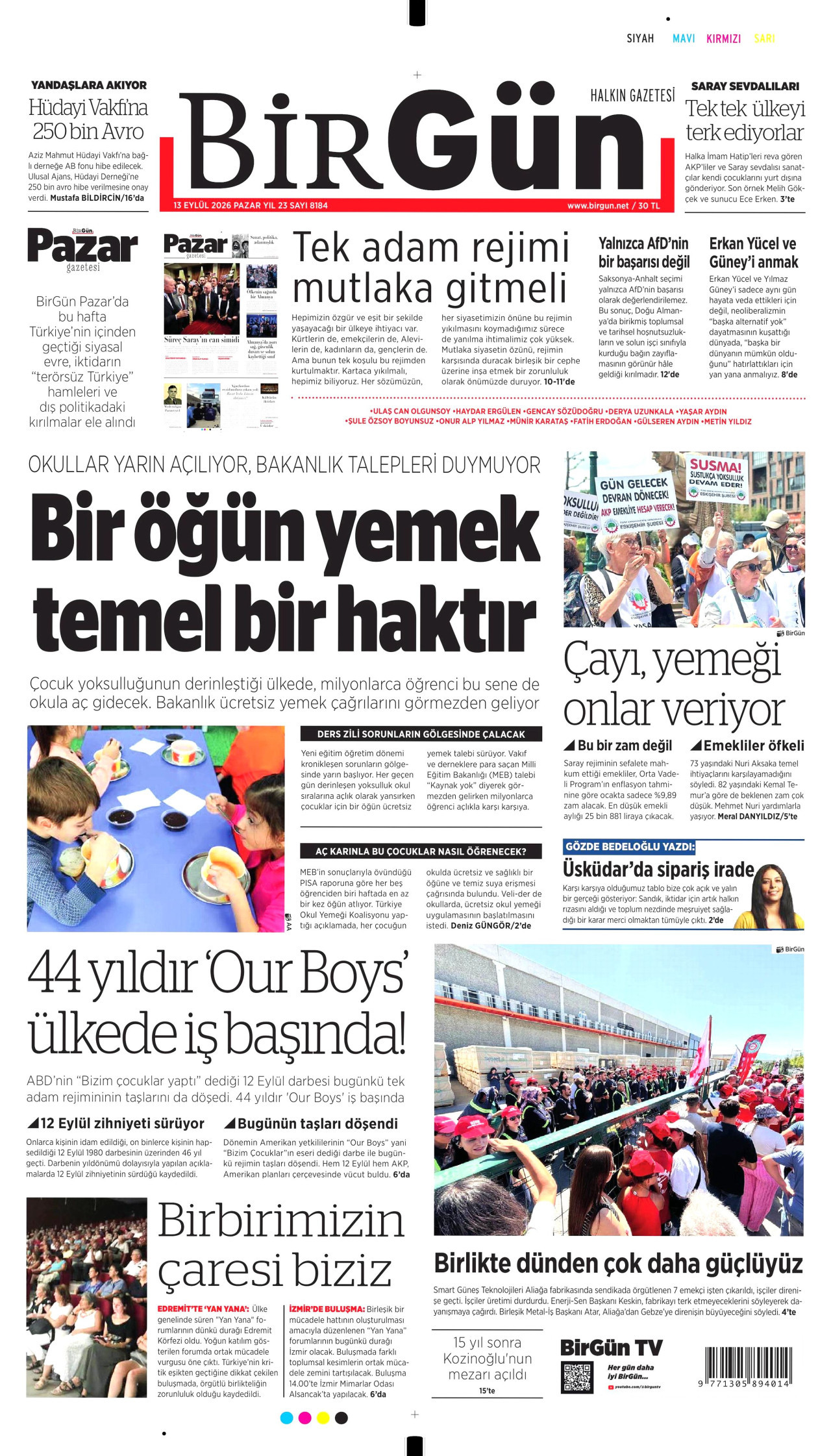 BİRGÜN 13 Eylül 2026 Gazete Manşeti Büyük