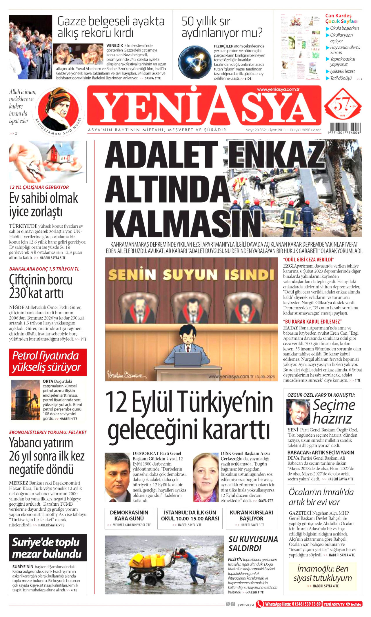 YENİ ASYA 13 Eylül 2026 Gazete Manşeti Büyük