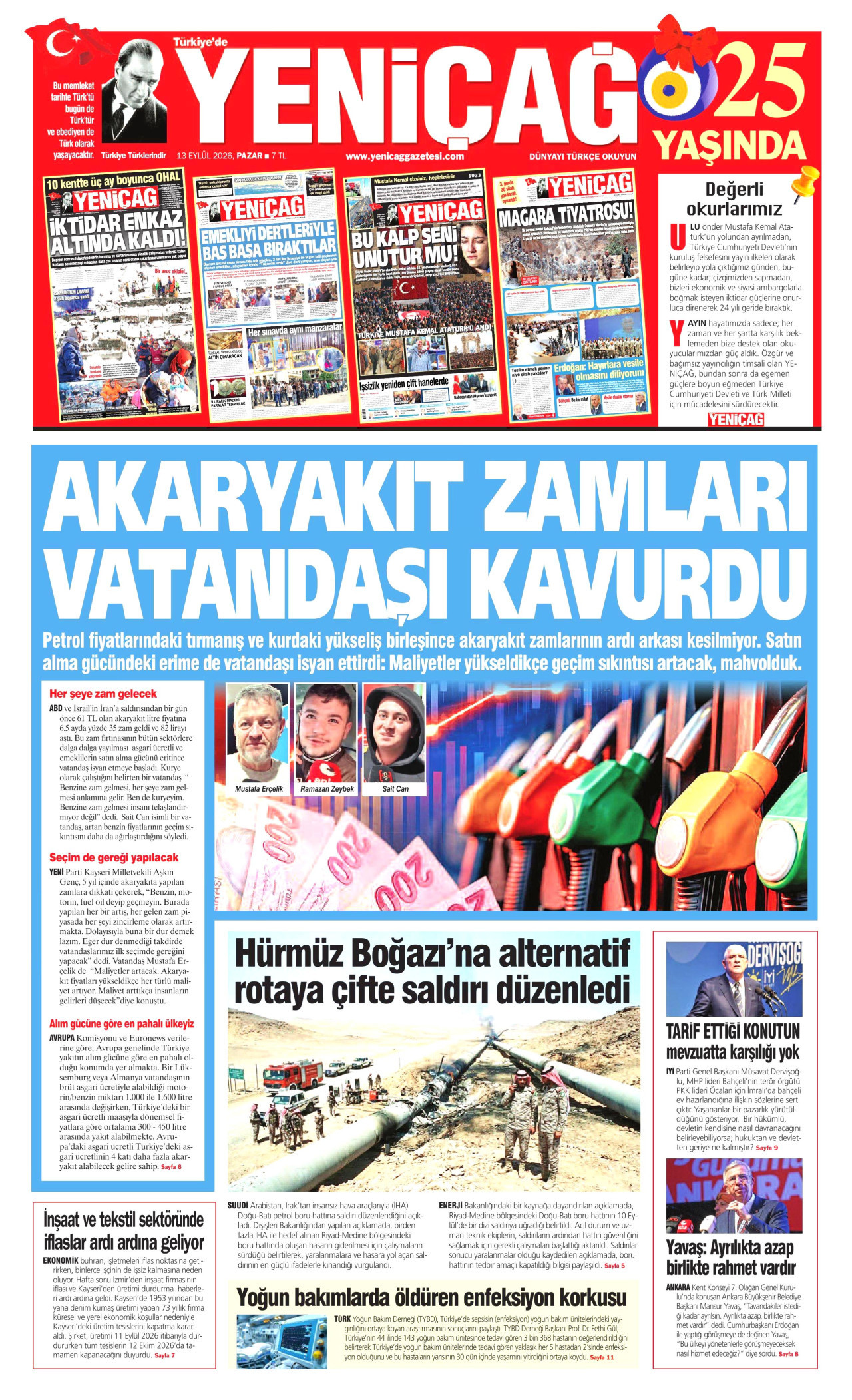 YENİÇAĞ 13 Eylül 2026 Gazete Manşeti Büyük