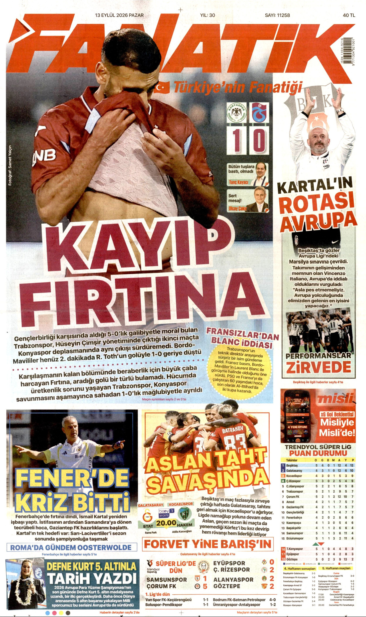 FANATİK 13 Eylül 2026 Gazete Manşeti Büyük