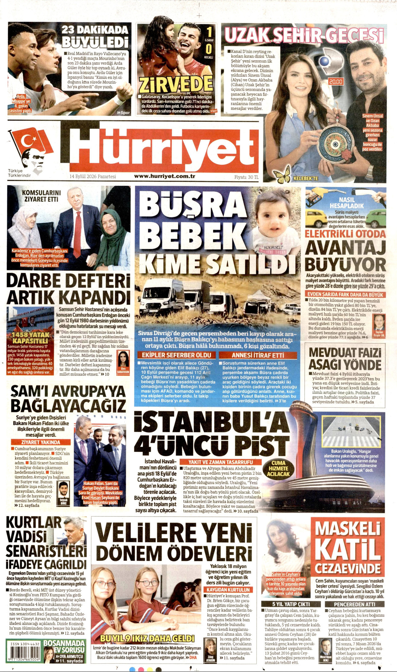 HÜRRİYET 14 Eylül 2026 Gazete Manşeti Büyük
