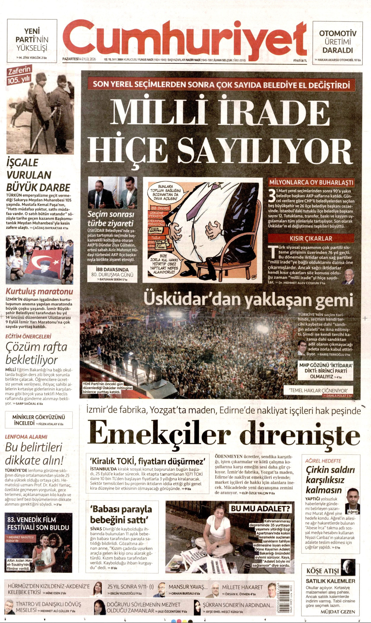 CUMHURİYET 14 Eylül 2026 Gazete Manşeti Büyük