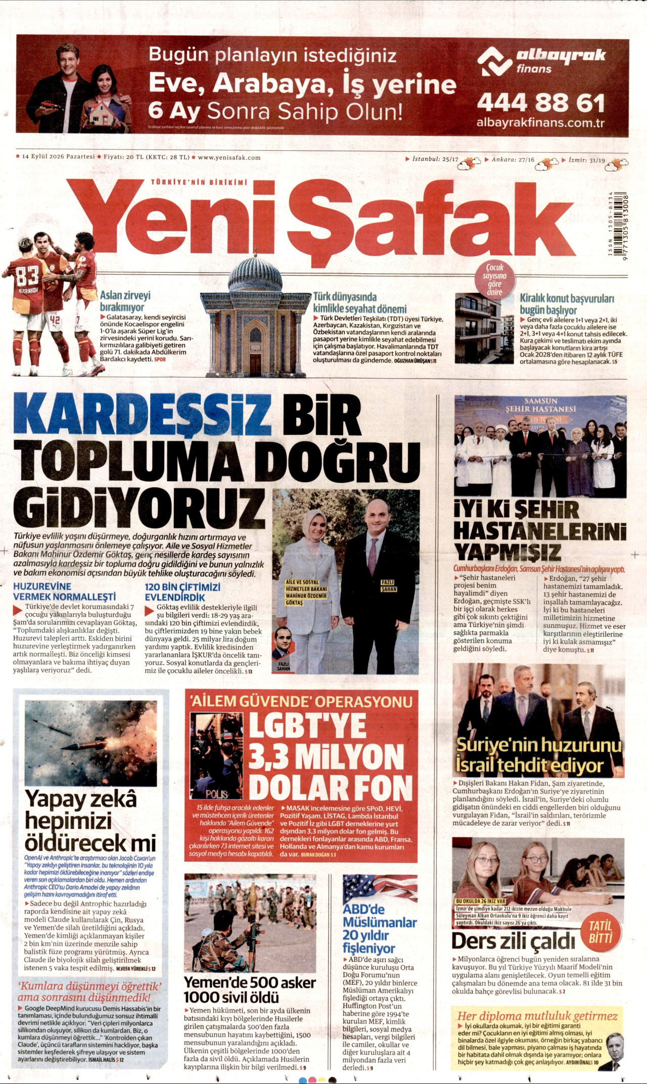 YENİ ŞAFAK 14 Eylül 2026 Gazete Manşeti Büyük