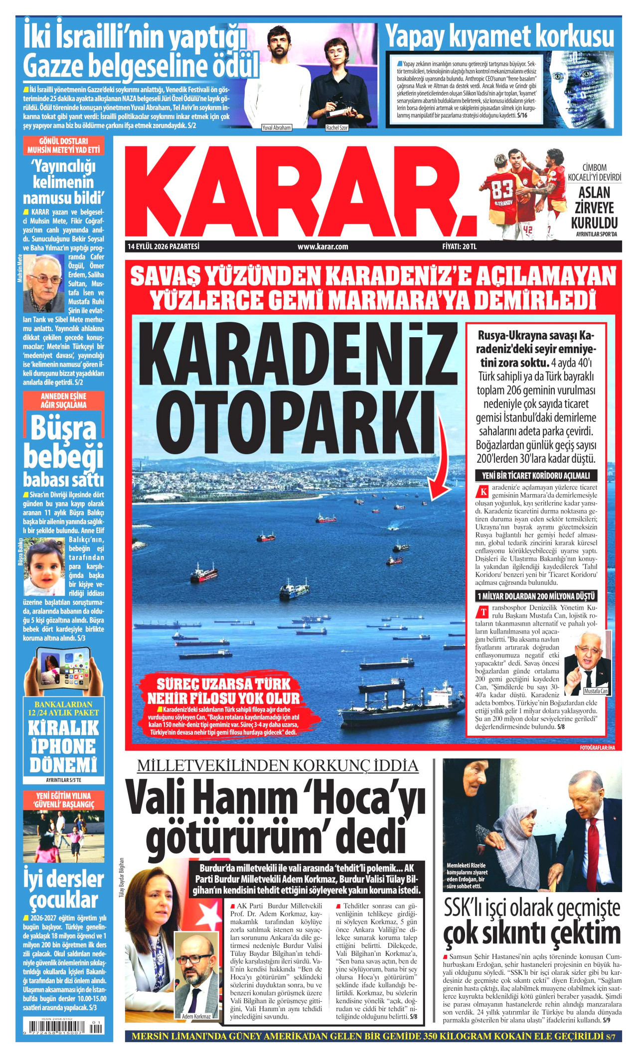 KARAR 14 Eylül 2026 Gazete Manşeti Büyük