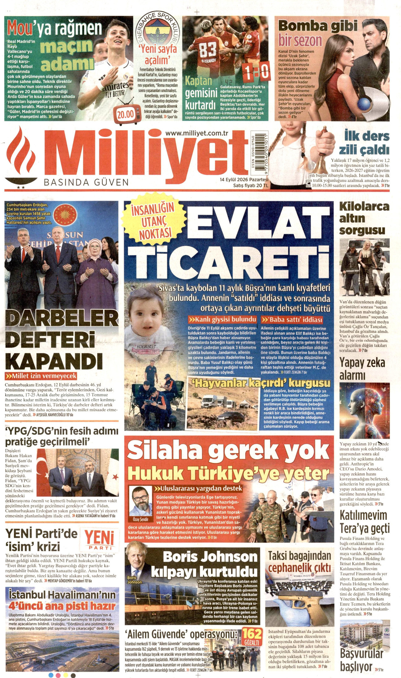MİLLİYET 14 Eylül 2026 Gazete Manşeti Büyük