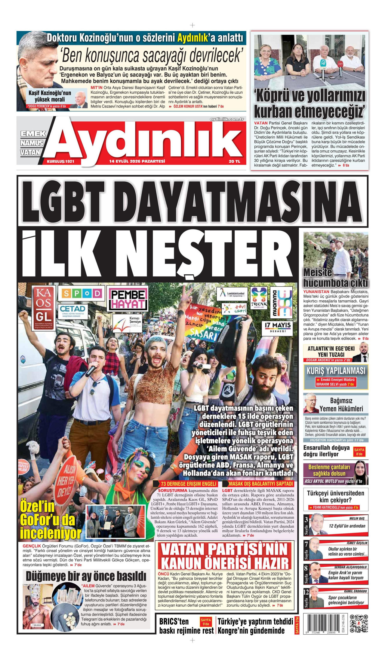 AYDINLIK GAZETESİ 14 Eylül 2026 Gazete Manşeti Büyük