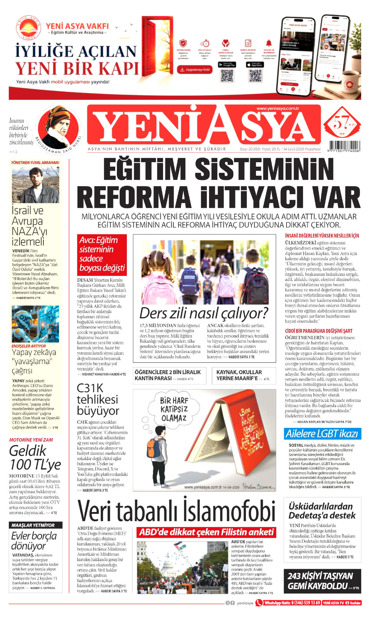 YENİ ASYA 14 Eylül 2026 Gazete Manşeti Büyük
