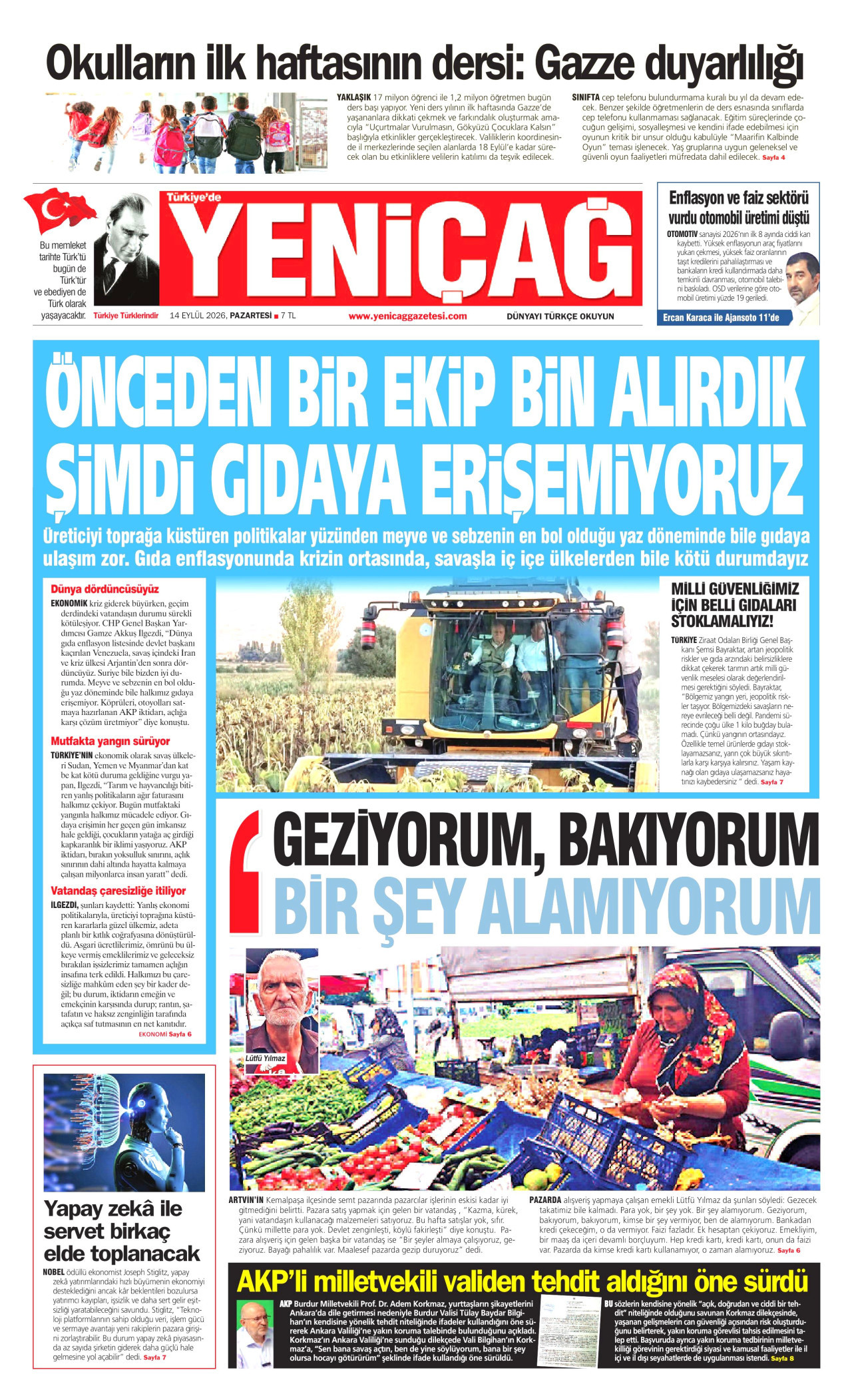 YENİÇAĞ 14 Eylül 2026 Gazete Manşeti Büyük