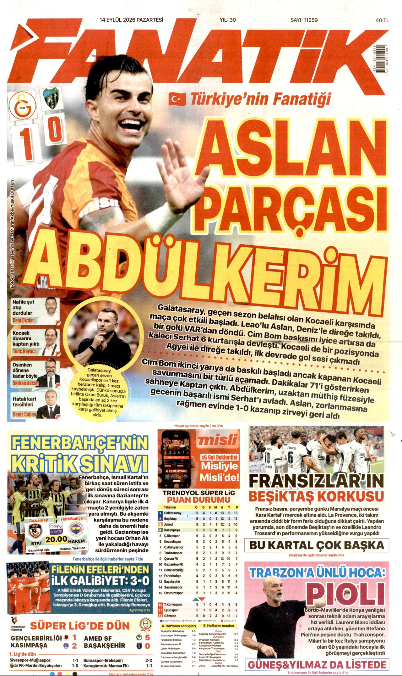 FANATİK 14 Eylül 2026 Gazete Manşeti Büyük