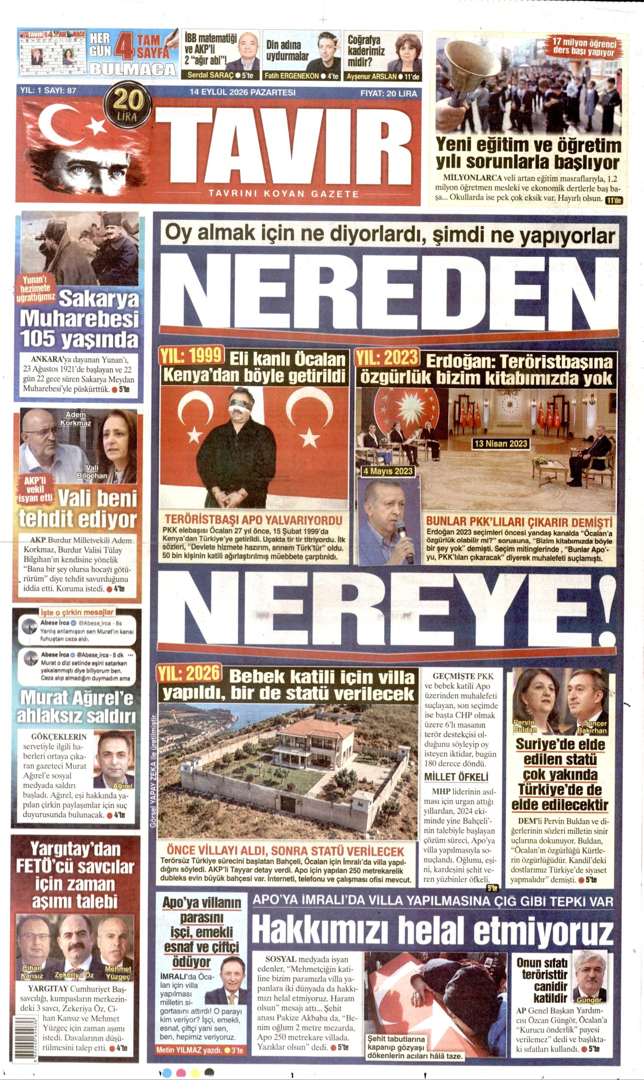 TAVIR GAZETESİ 14 Eylül 2026 Gazete Manşeti Büyük
