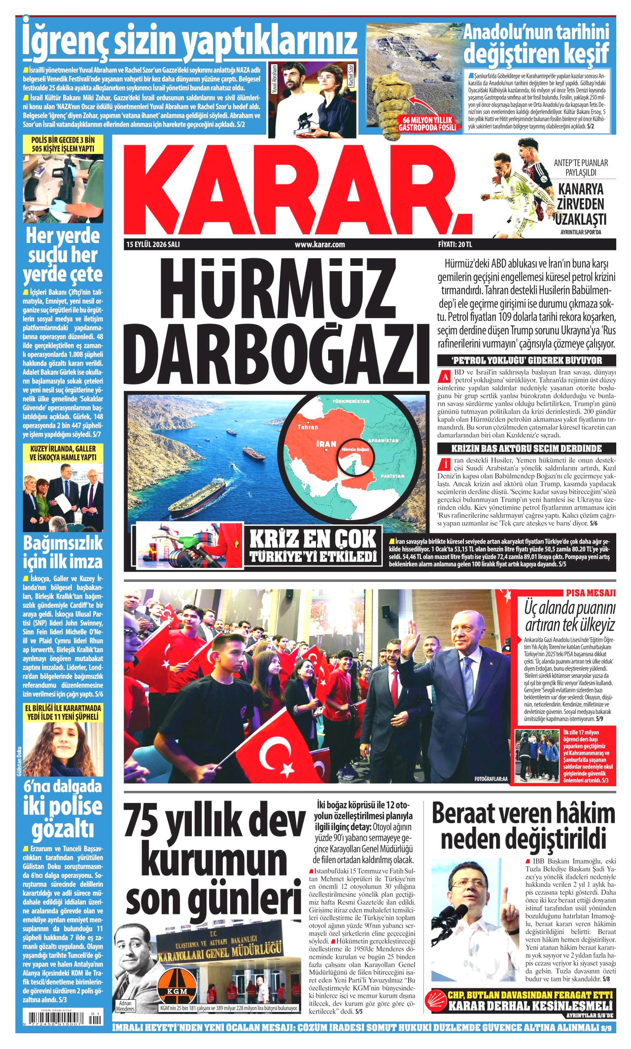 KARAR gazetesinin 15 Eylül 2026 tarihli birinci sayfası