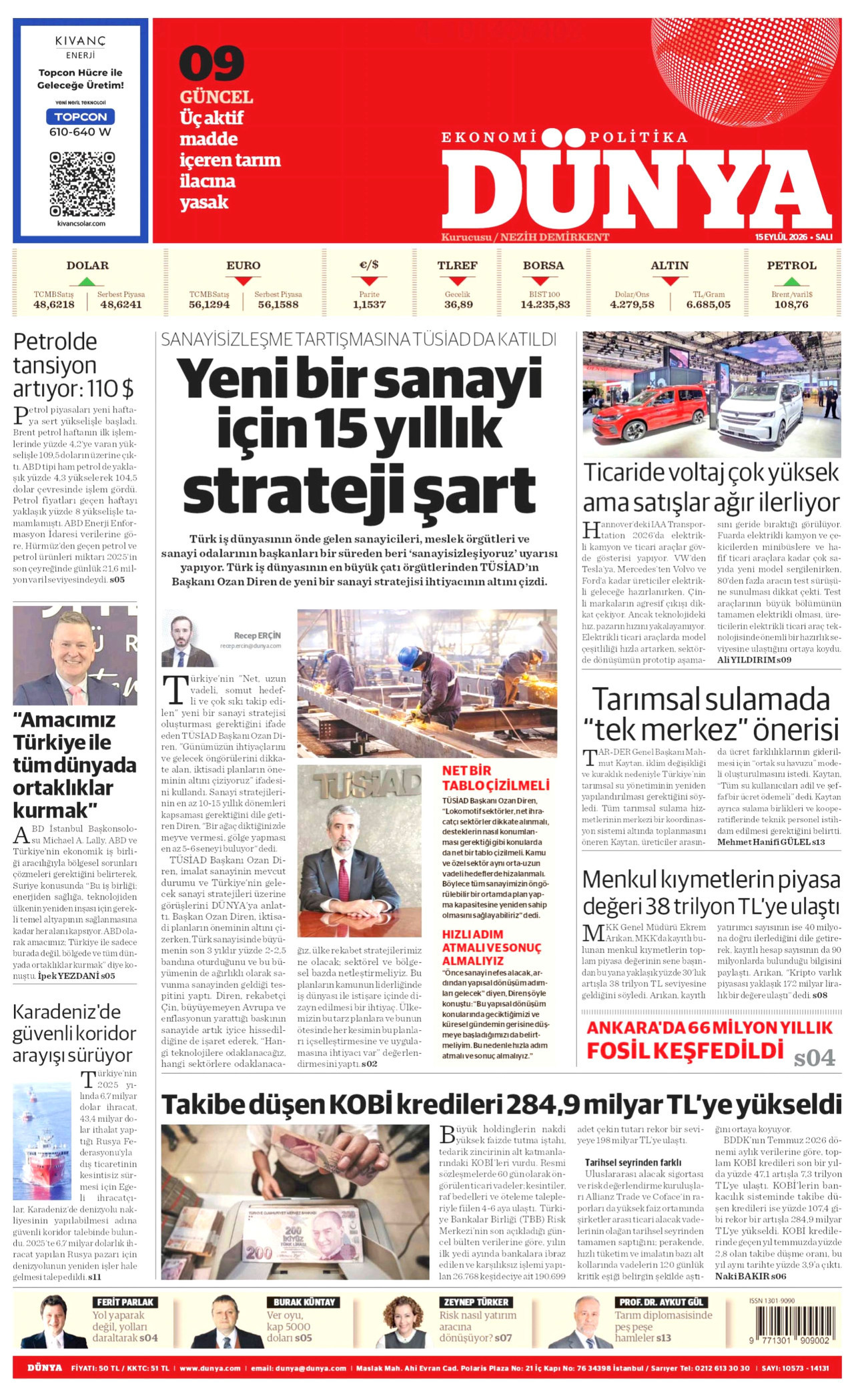 DÜNYA gazetesinin 15 Eylül 2026 tarihli birinci sayfası
