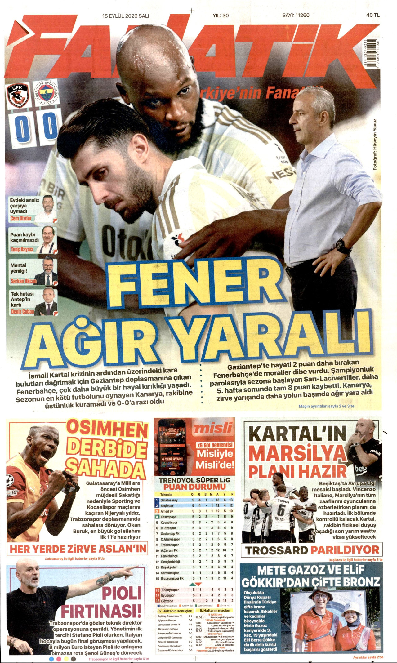 FANATİK gazetesinin 15 Eylül 2026 tarihli birinci sayfası