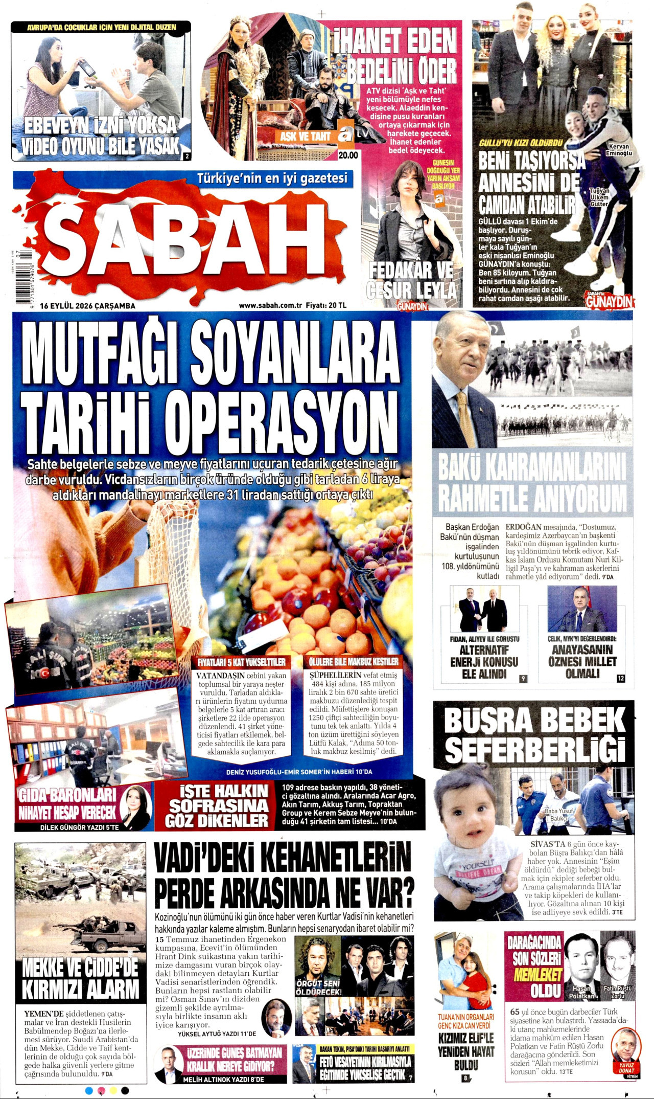 SABAH gazetesinin 16 Eylül 2026 tarihli birinci sayfası