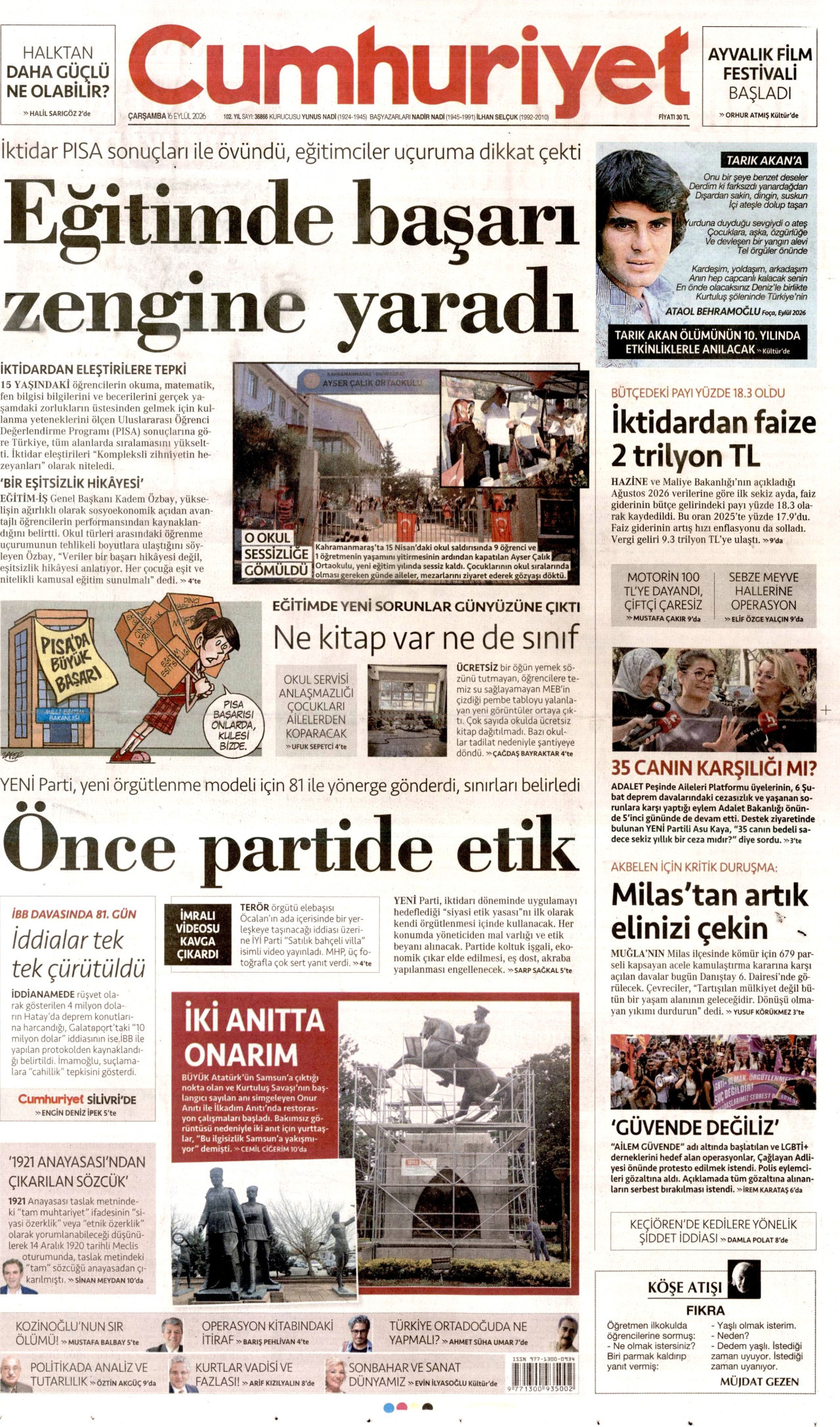 CUMHURİYET gazetesinin 16 Eylül 2026 tarihli birinci sayfası