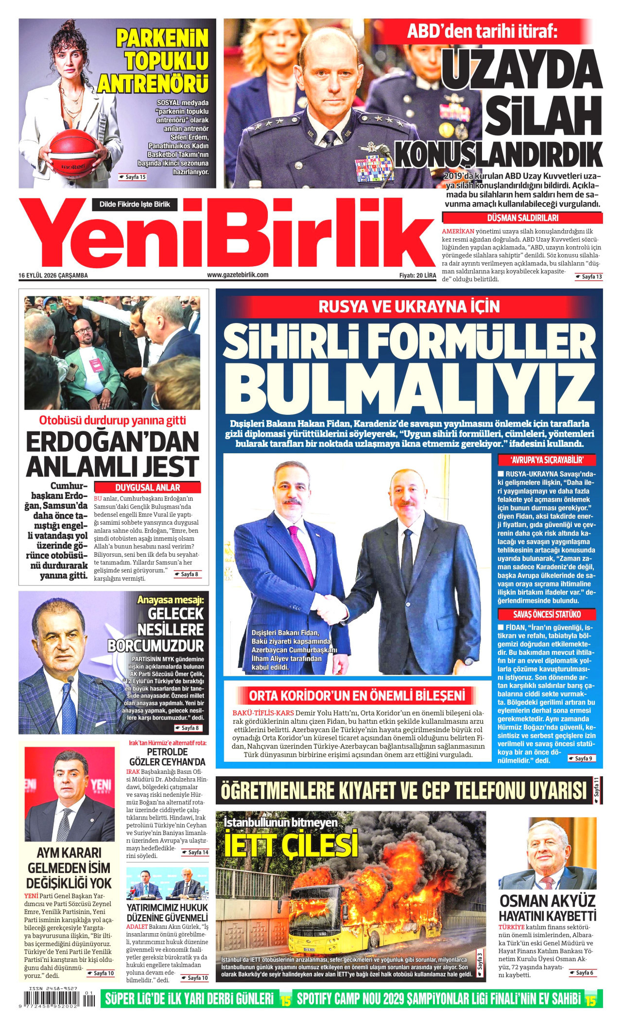 YENİBİRLİK gazetesinin 16 Eylül 2026 tarihli birinci sayfası