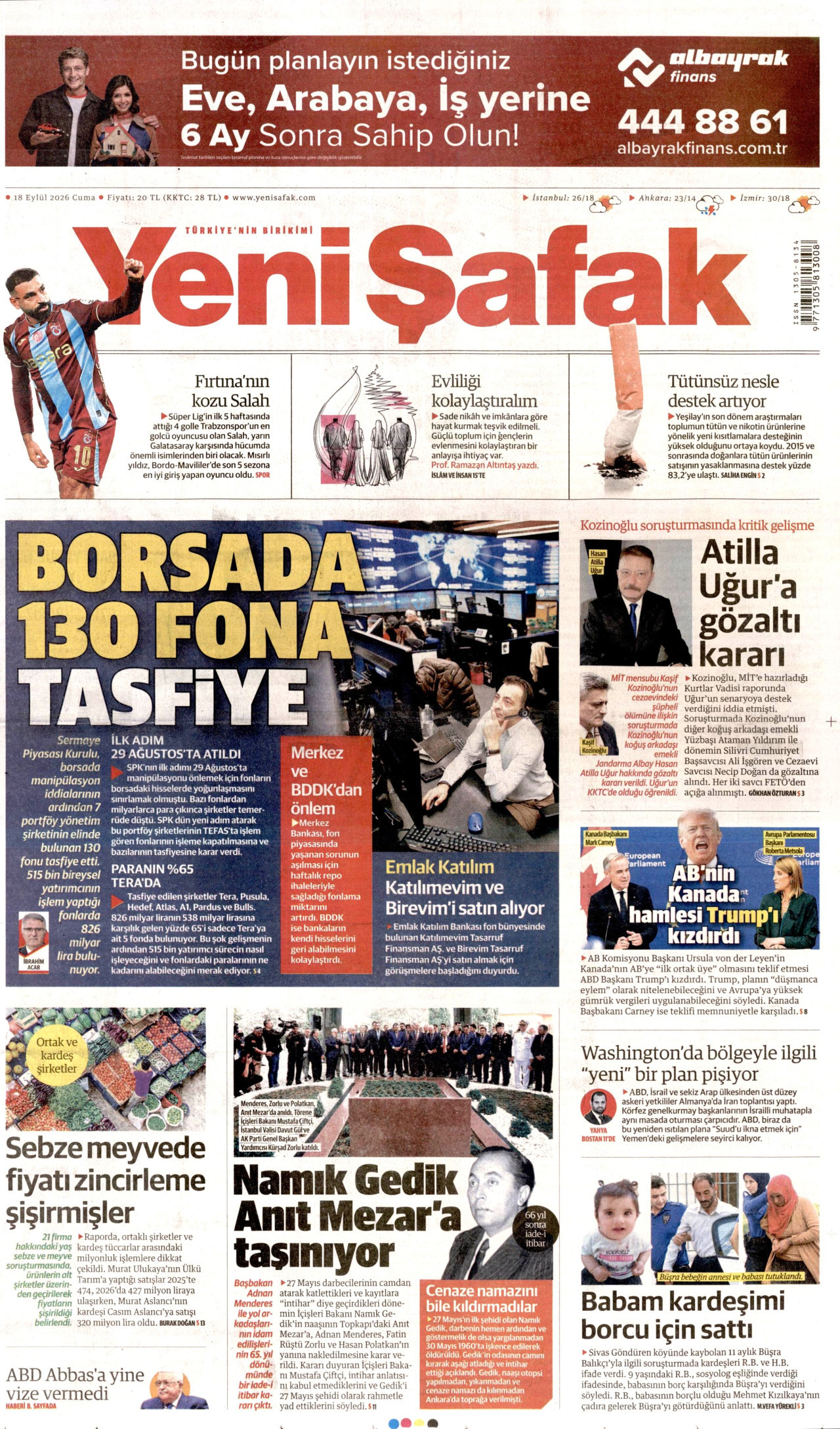 YENİ ŞAFAK 18 Eylül 2026 Gazete Manşeti Büyük