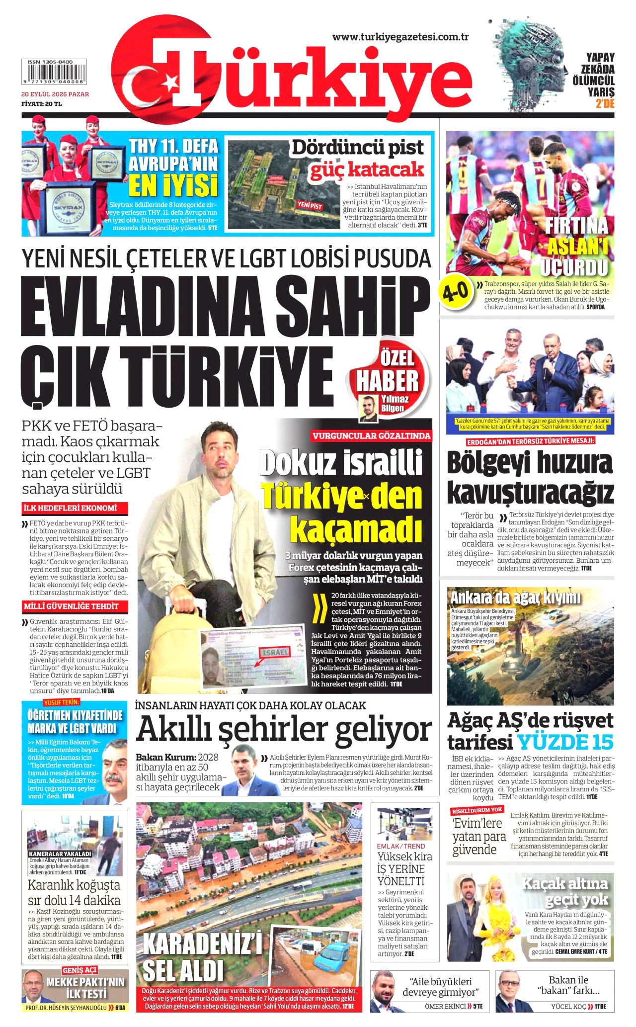 TÜRKİYE GAZETESİ gazetesinin 20 Eylül 2026 tarihli birinci sayfası