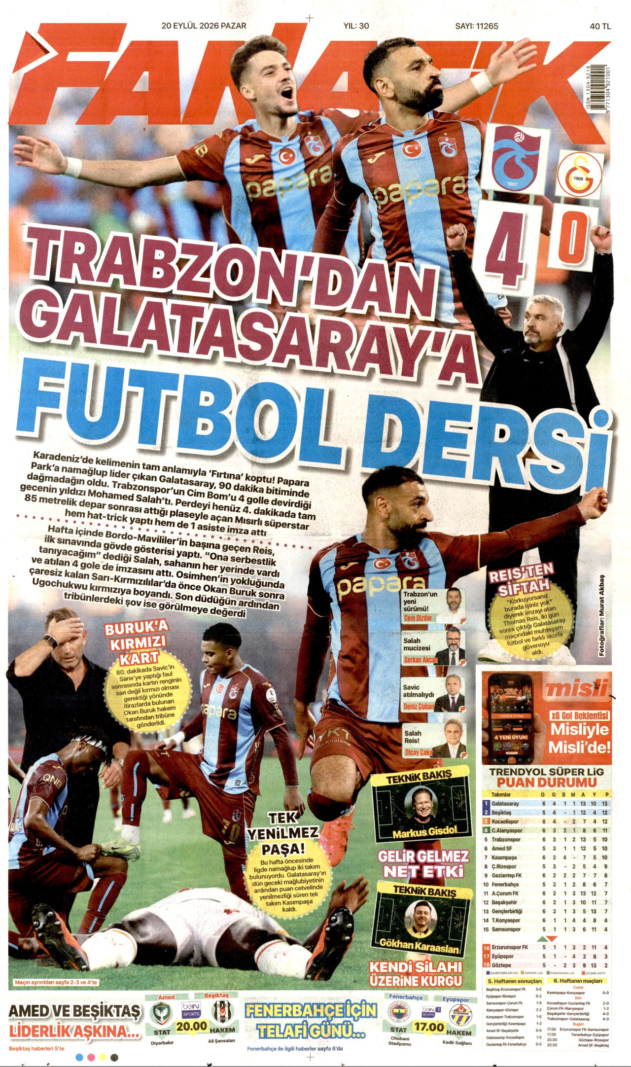 FANATİK gazetesinin 20 Eylül 2026 tarihli birinci sayfası