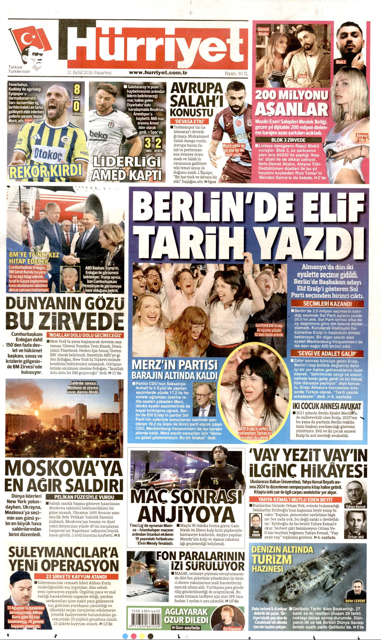 HÜRRİYET gazetesinin 21 Eylül 2026 tarihli birinci sayfası