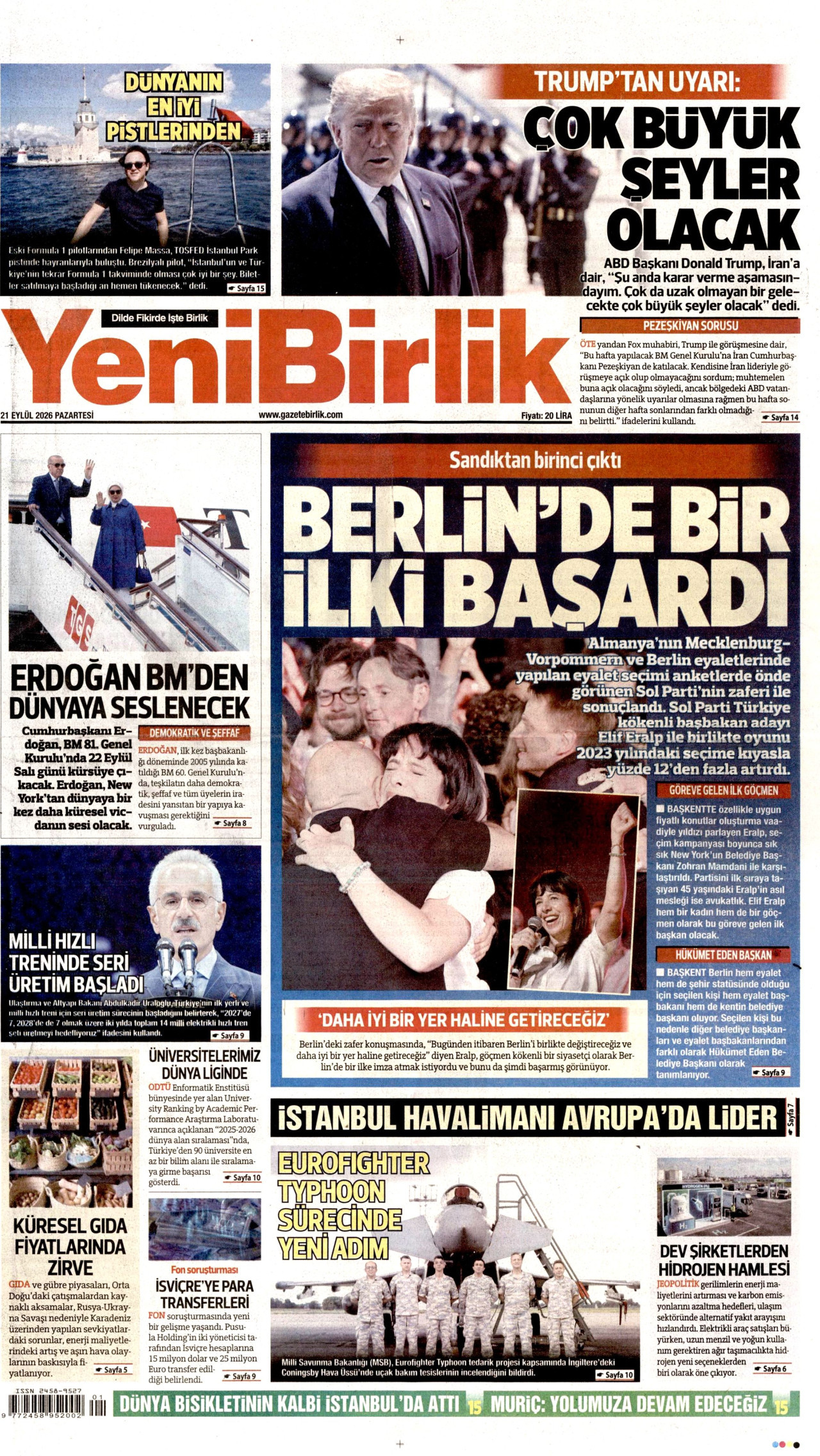 YENİBİRLİK gazetesinin 21 Eylül 2026 tarihli birinci sayfası
