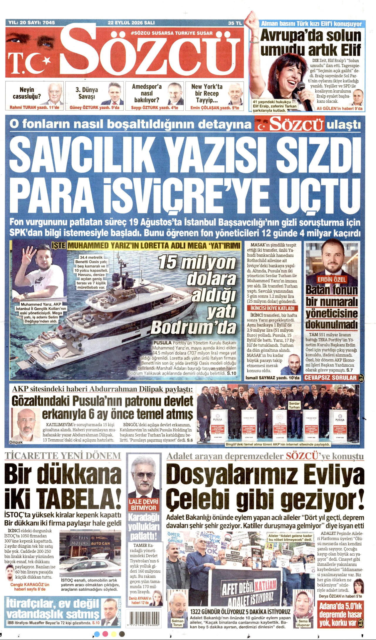 SÖZCÜ gazetesinin 22 Eylül 2026 tarihli birinci sayfası