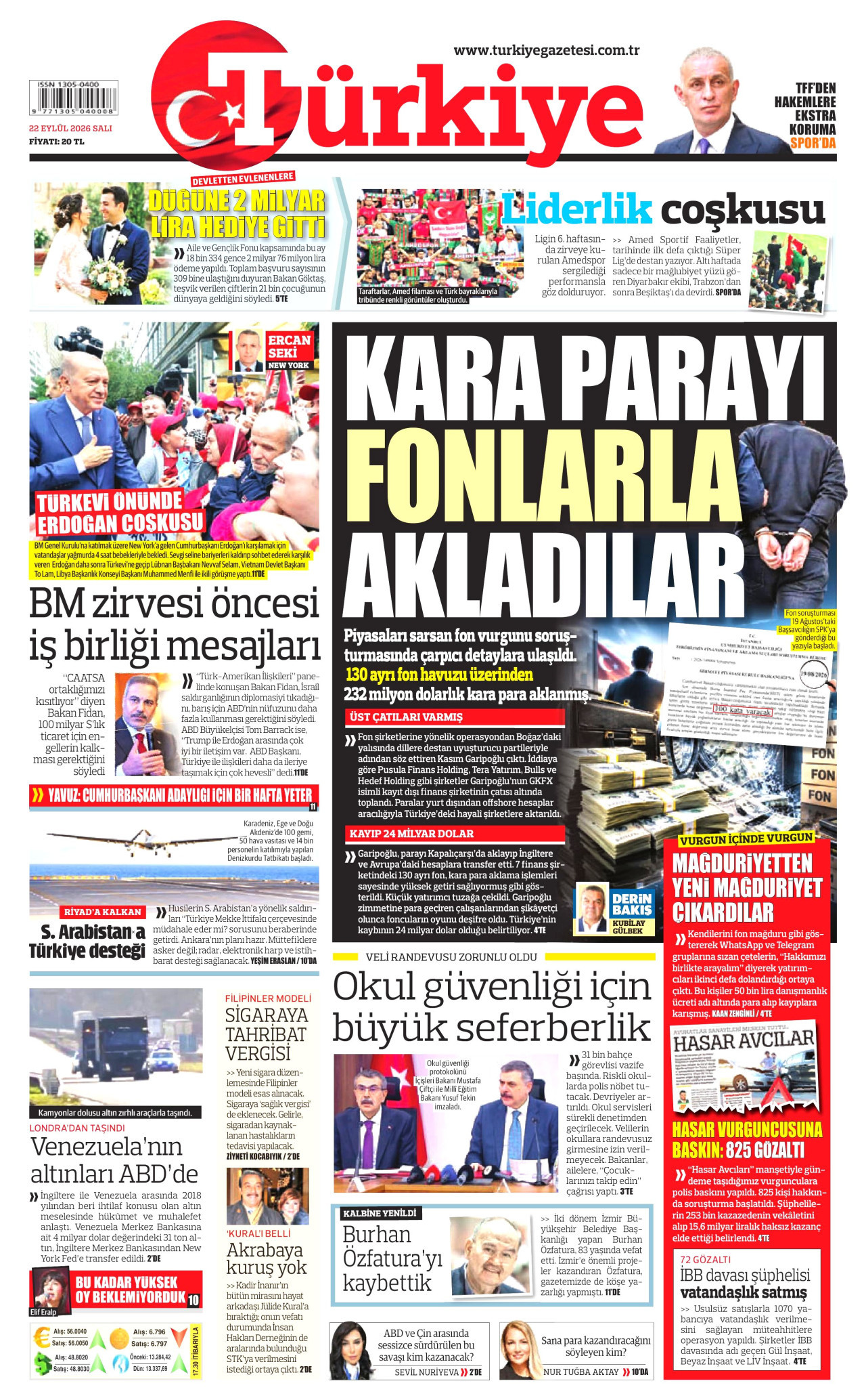TÜRKİYE GAZETESİ gazetesinin 22 Eylül 2026 tarihli birinci sayfası