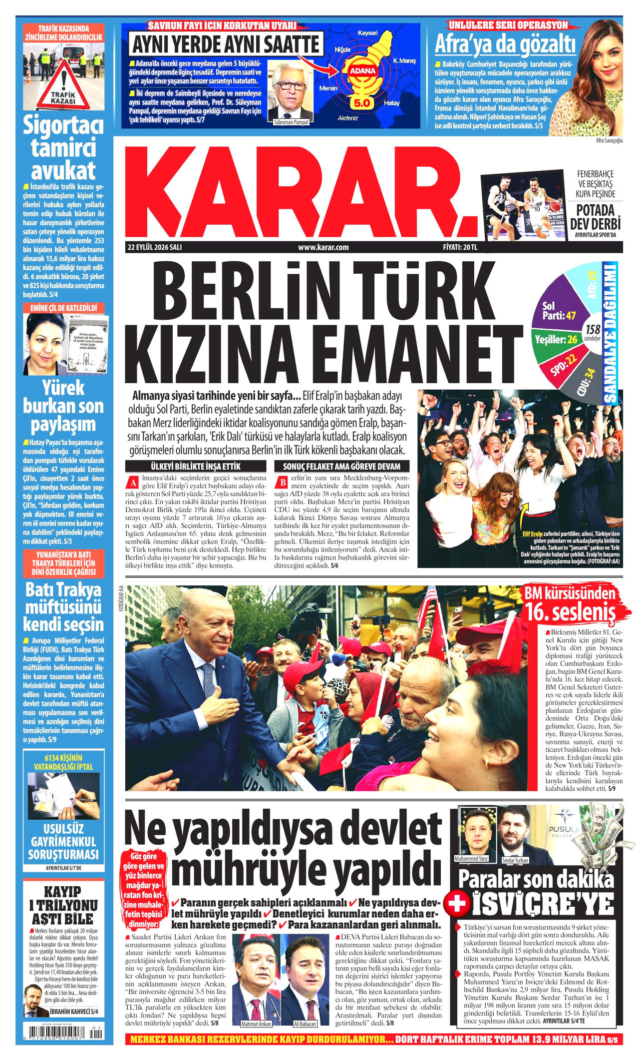 KARAR gazetesinin 22 Eylül 2026 tarihli birinci sayfası