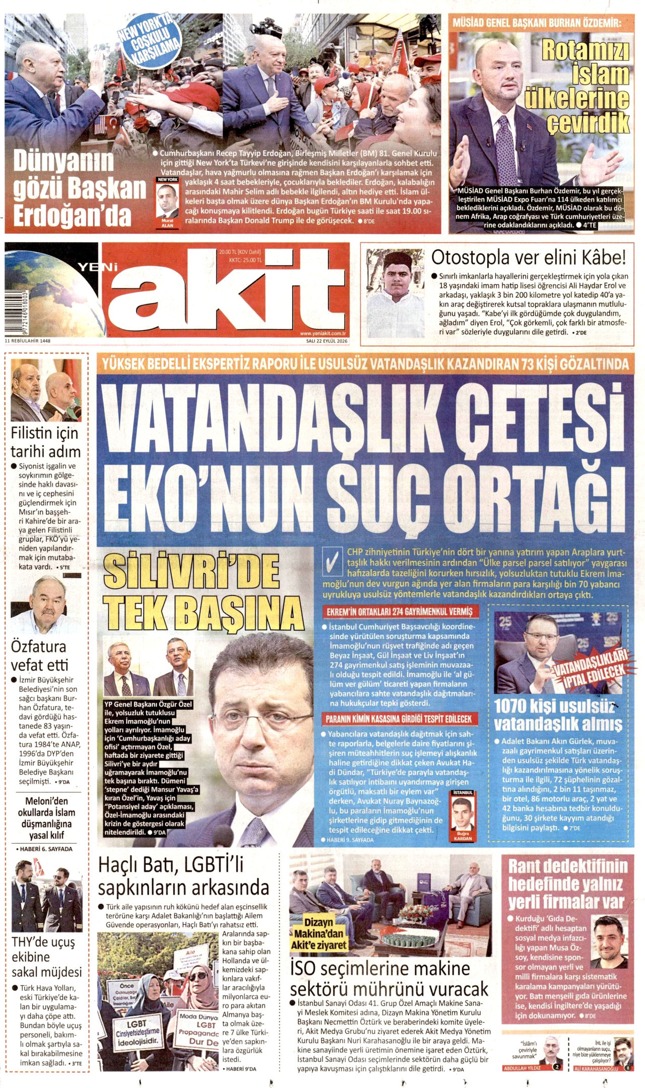 YENİ AKİT gazetesinin 22 Eylül 2026 tarihli birinci sayfası